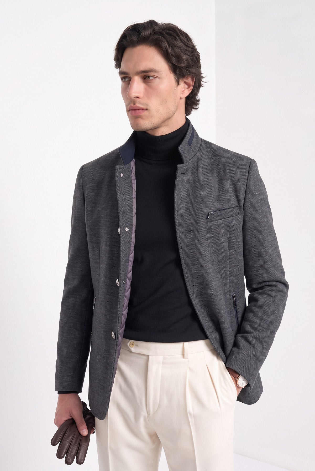 BLENIN men's mandarin collar wool blend jacket in grey, upper body