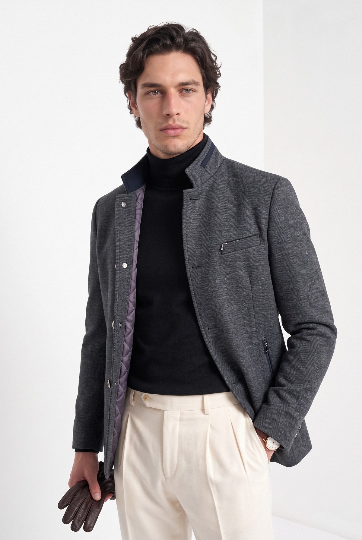 BLENIN men's mandarin collar wool blend jacket in grey, front portrait