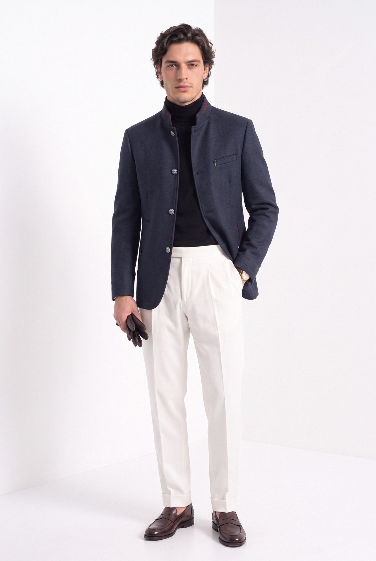 BLENIN men's mandarin collar wool blend jacket in navy, full-length look