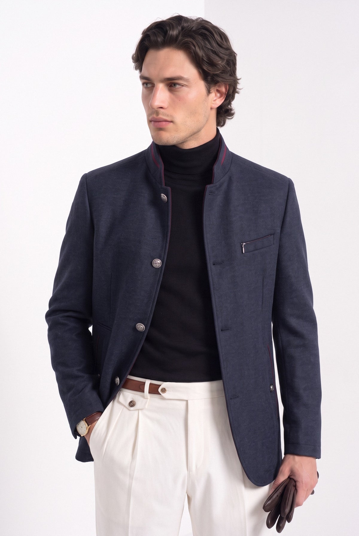 BLENIN men's mandarin collar wool blend jacket in navy, upper body