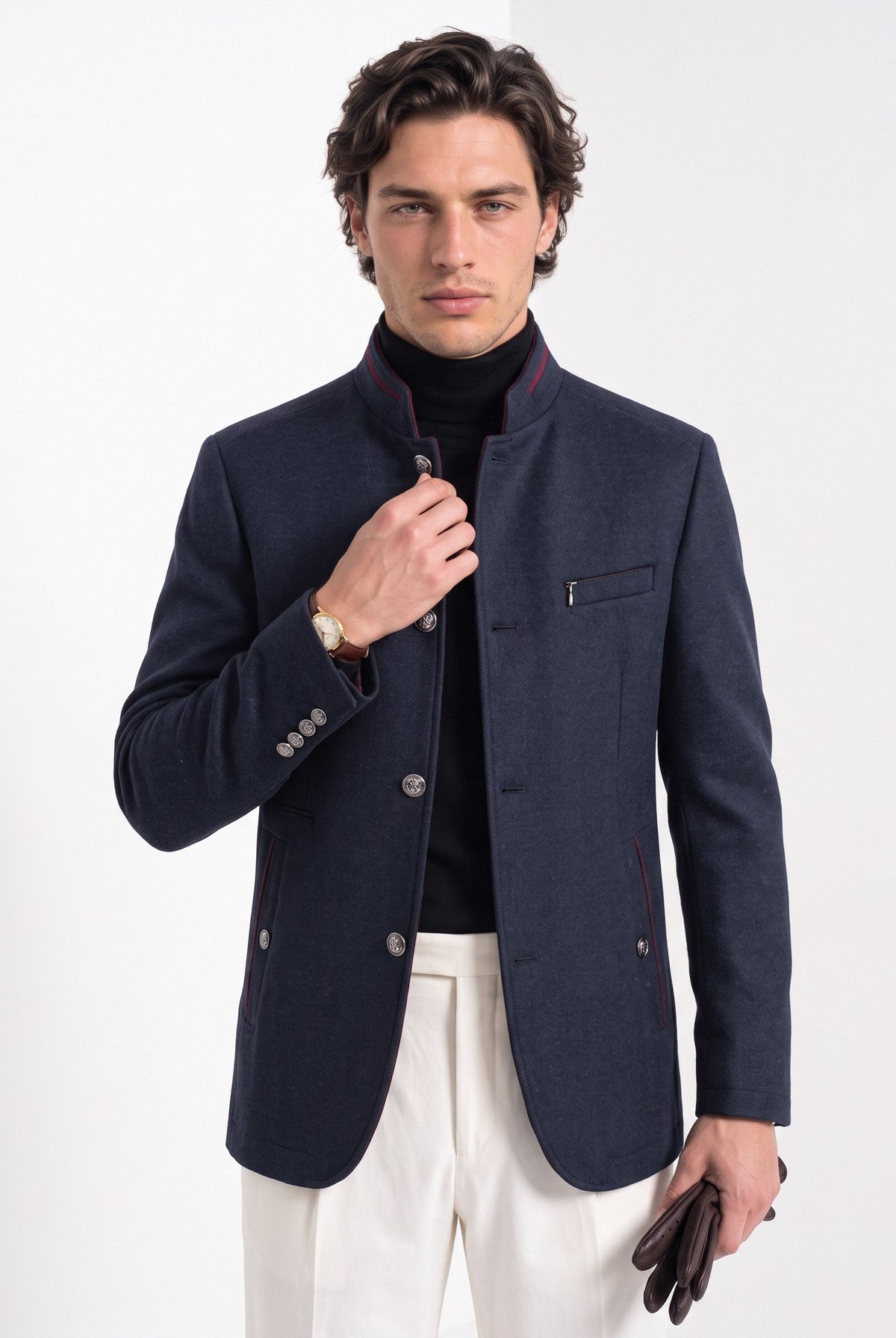 BLENIN men's mandarin collar wool blend jacket in navy, front portrait