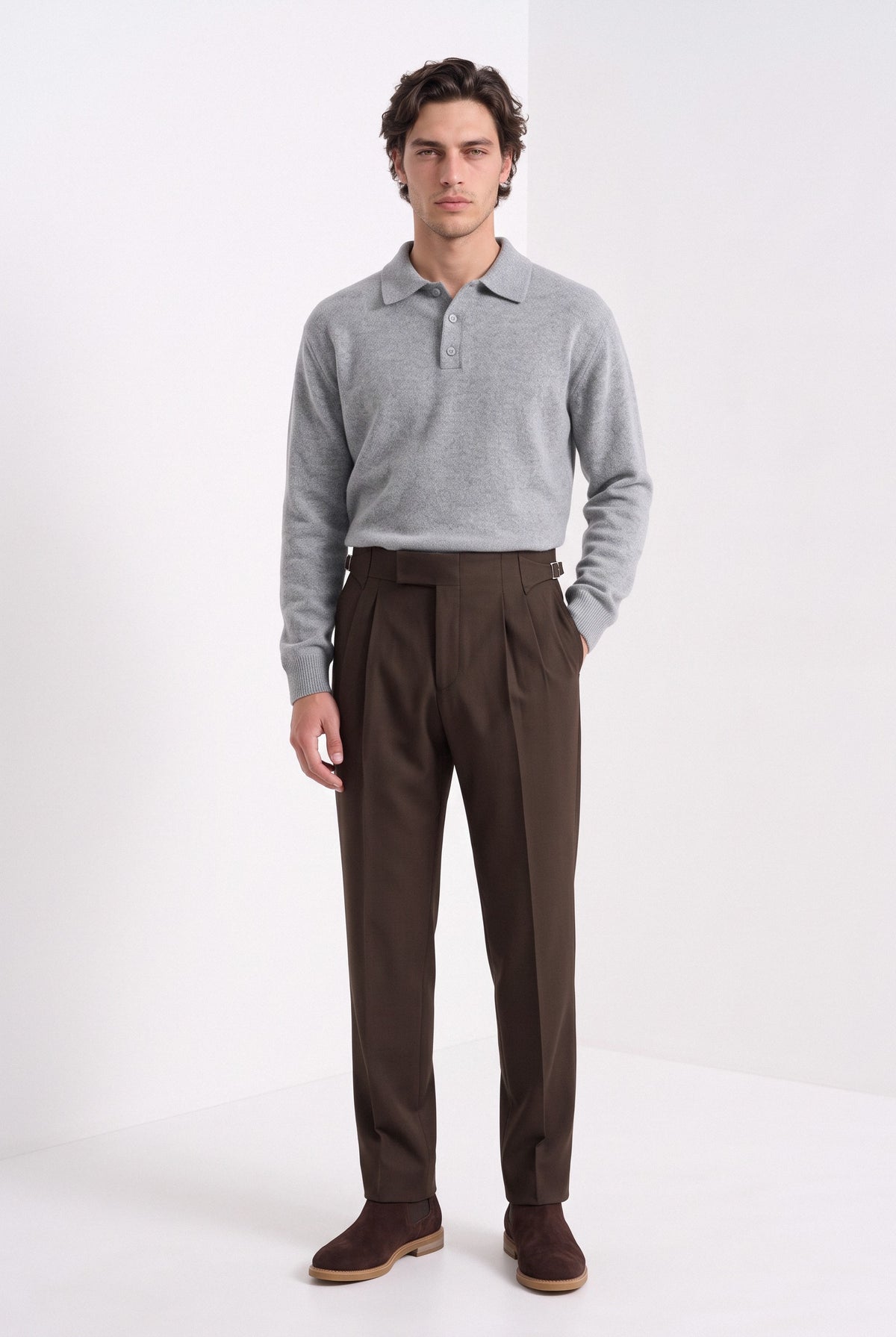 Men's pleated Gurkha trousers in brown, full-length