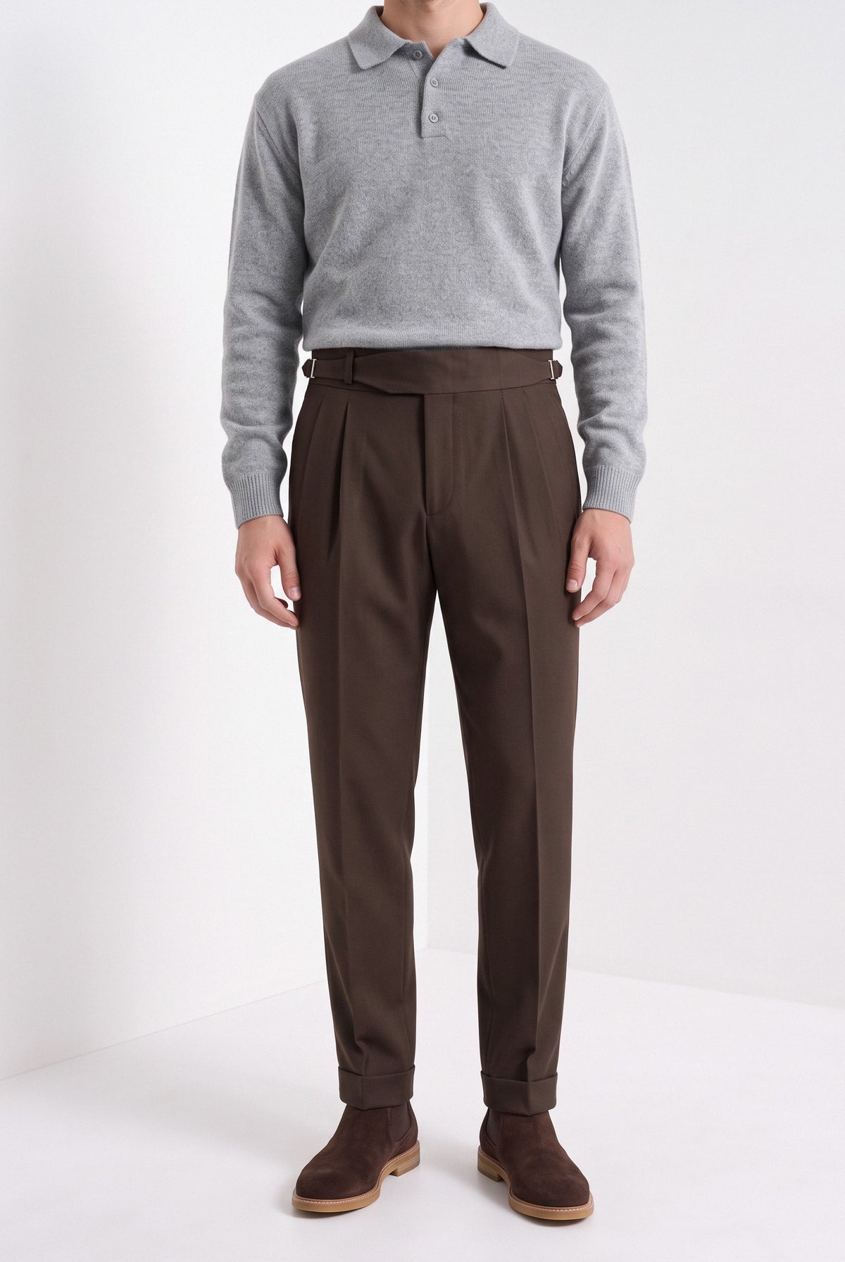 Men's pleated Gurkha trousers in brown, front portrait