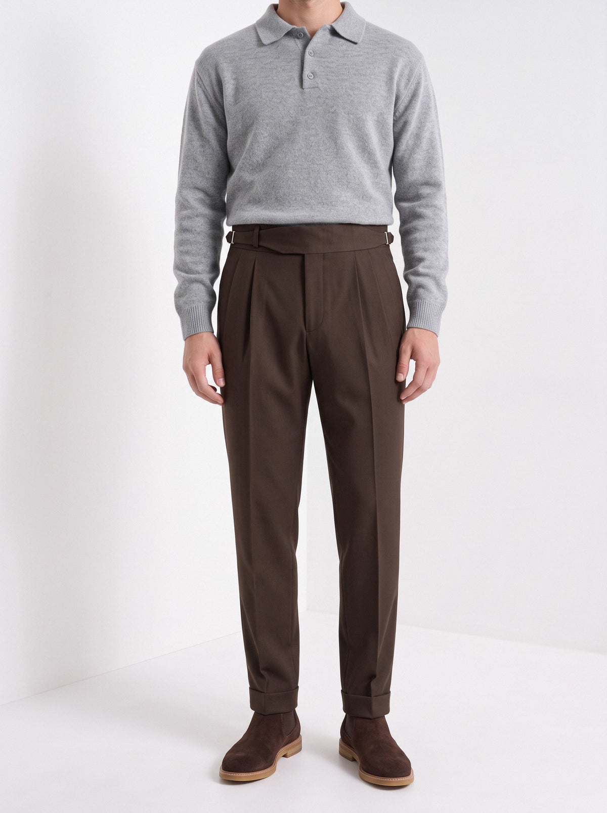 Men's pleated Gurkha trousers in brown, front portrait