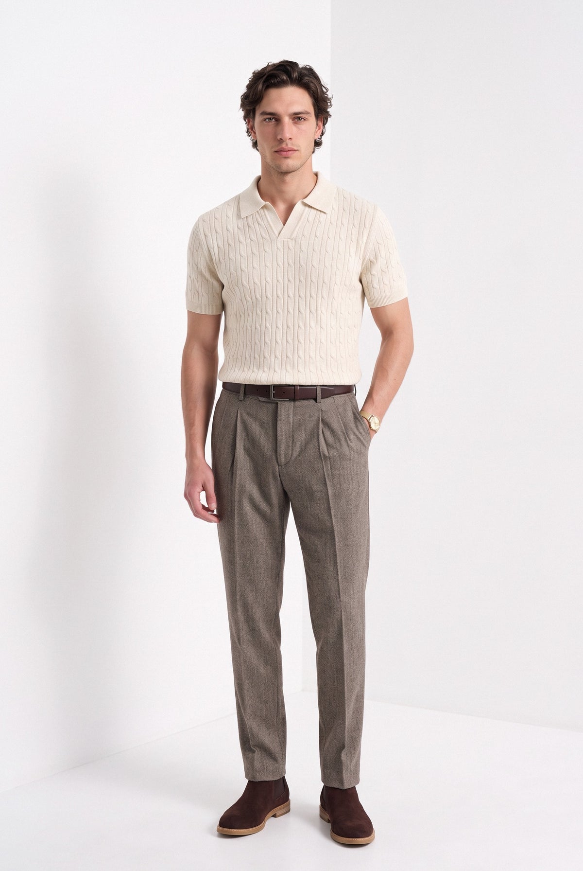 Men's cashmere knitted polo shirt in cream, full-length