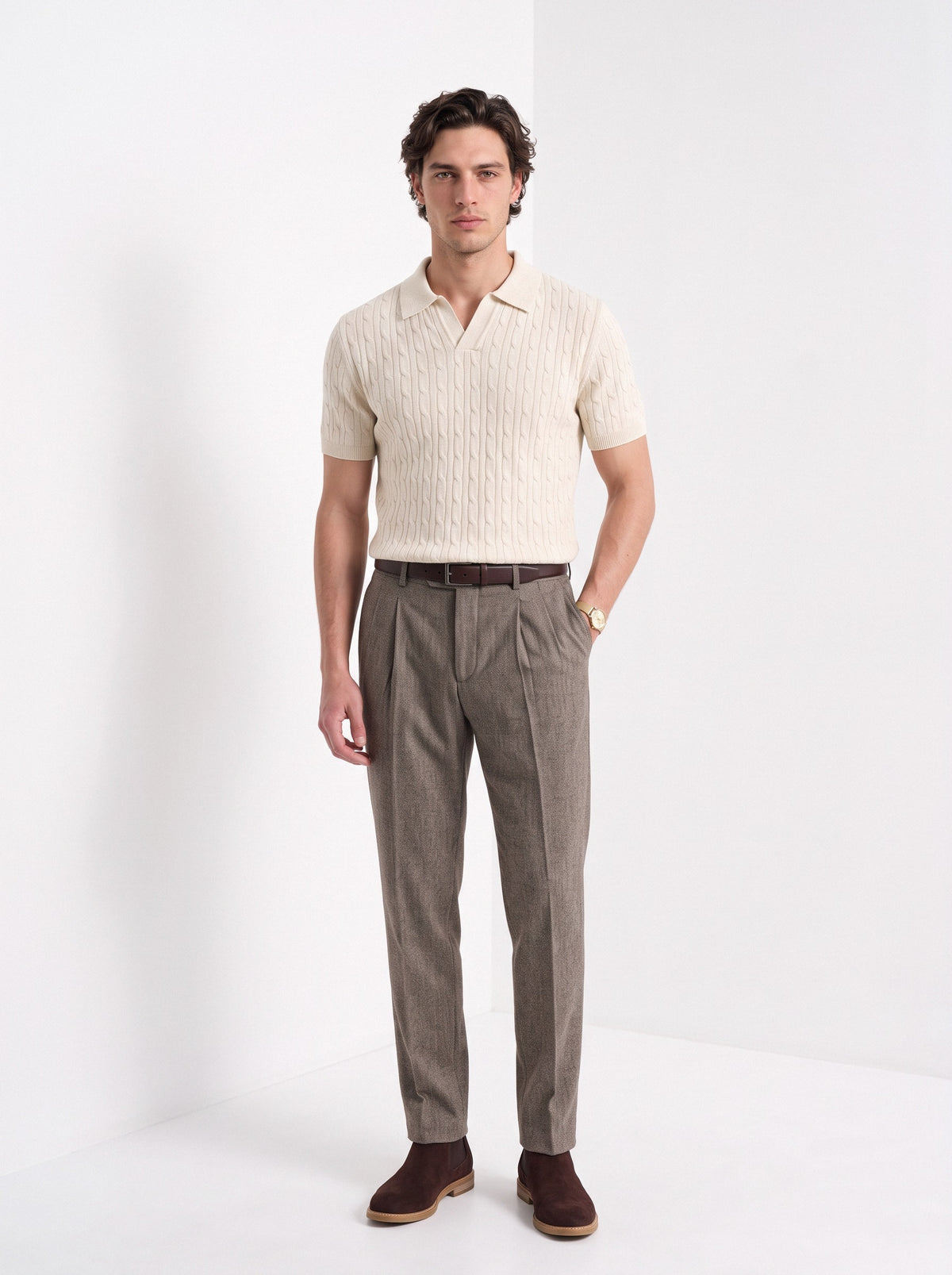 Men's cashmere knitted polo shirt in cream, full-length
