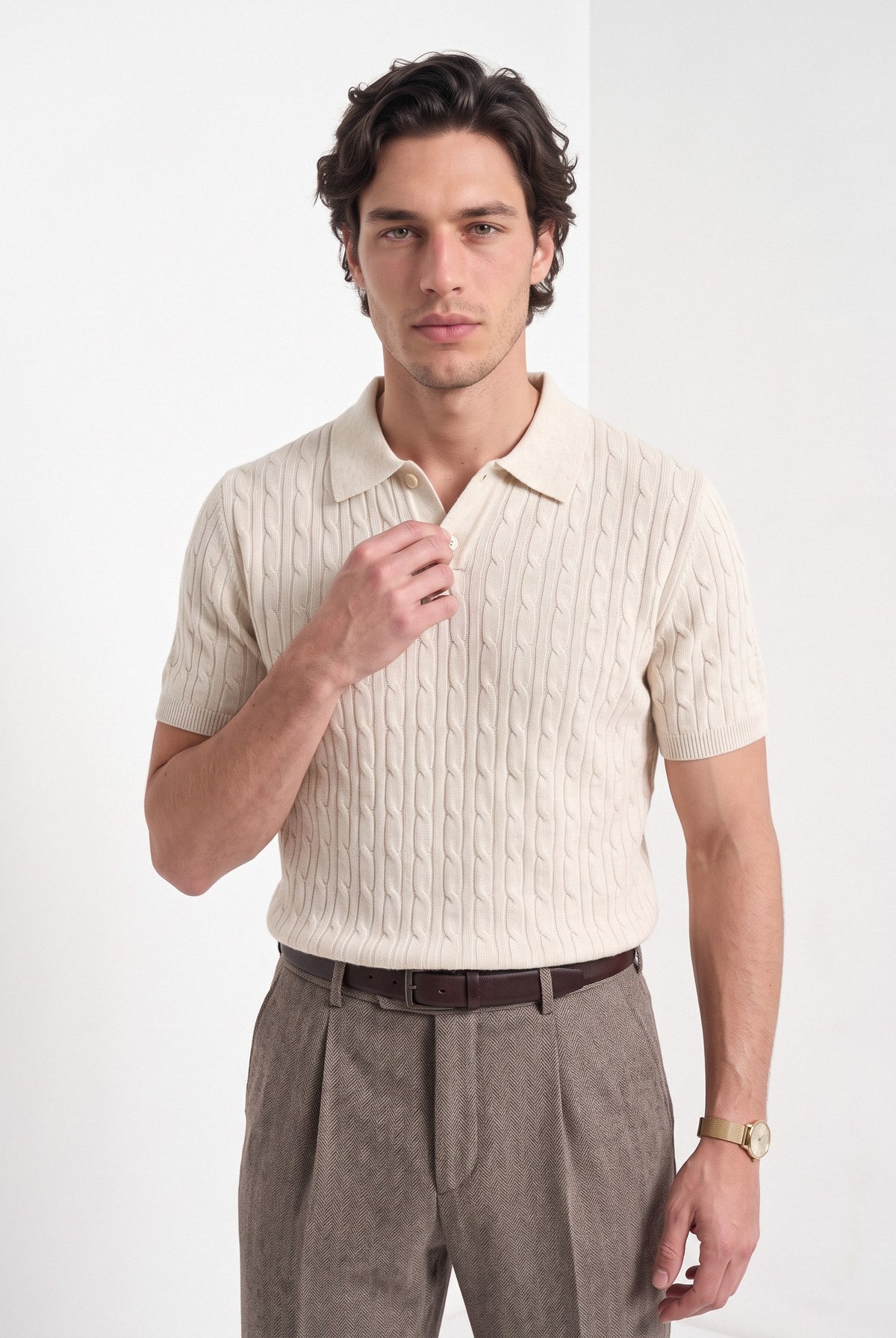 Men's cashmere knitted polo shirt in cream, front portrait