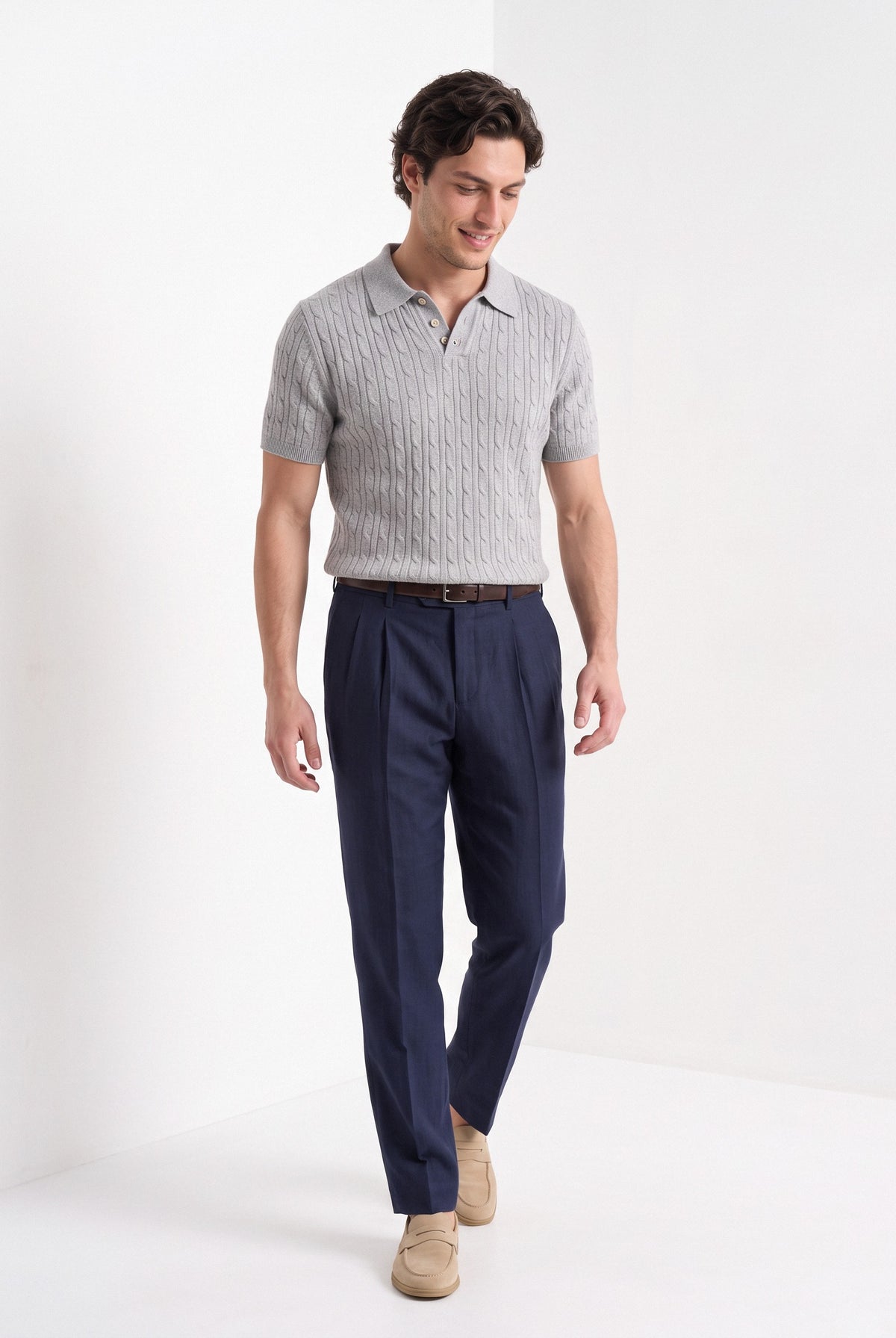 Men's cashmere knitted polo shirt in grey, full-length