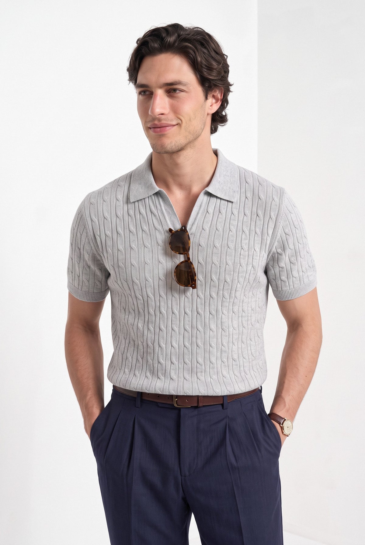Men's cashmere knitted polo shirt in grey, front portrait