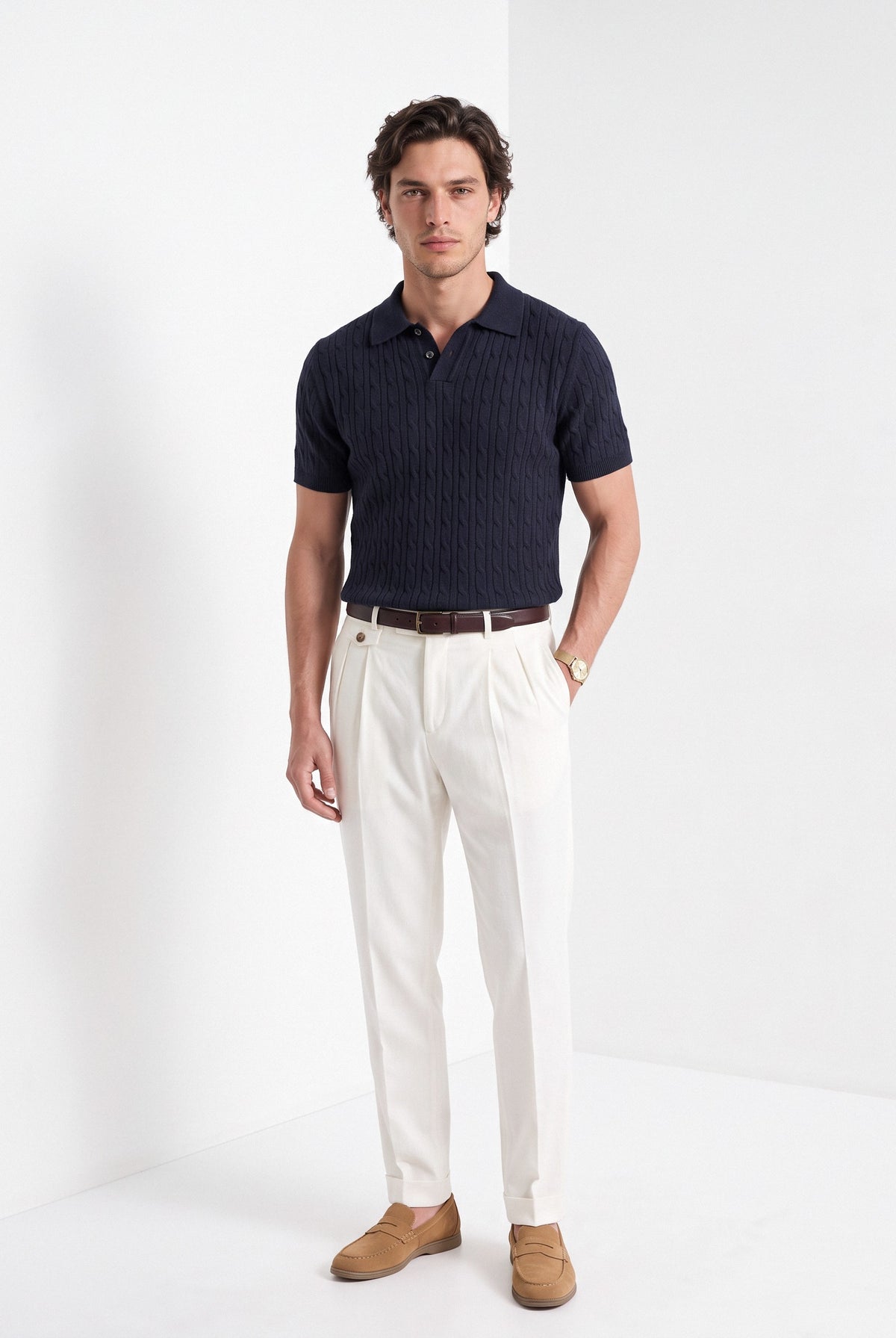 Men's cashmere knitted polo shirt in navy, full-length