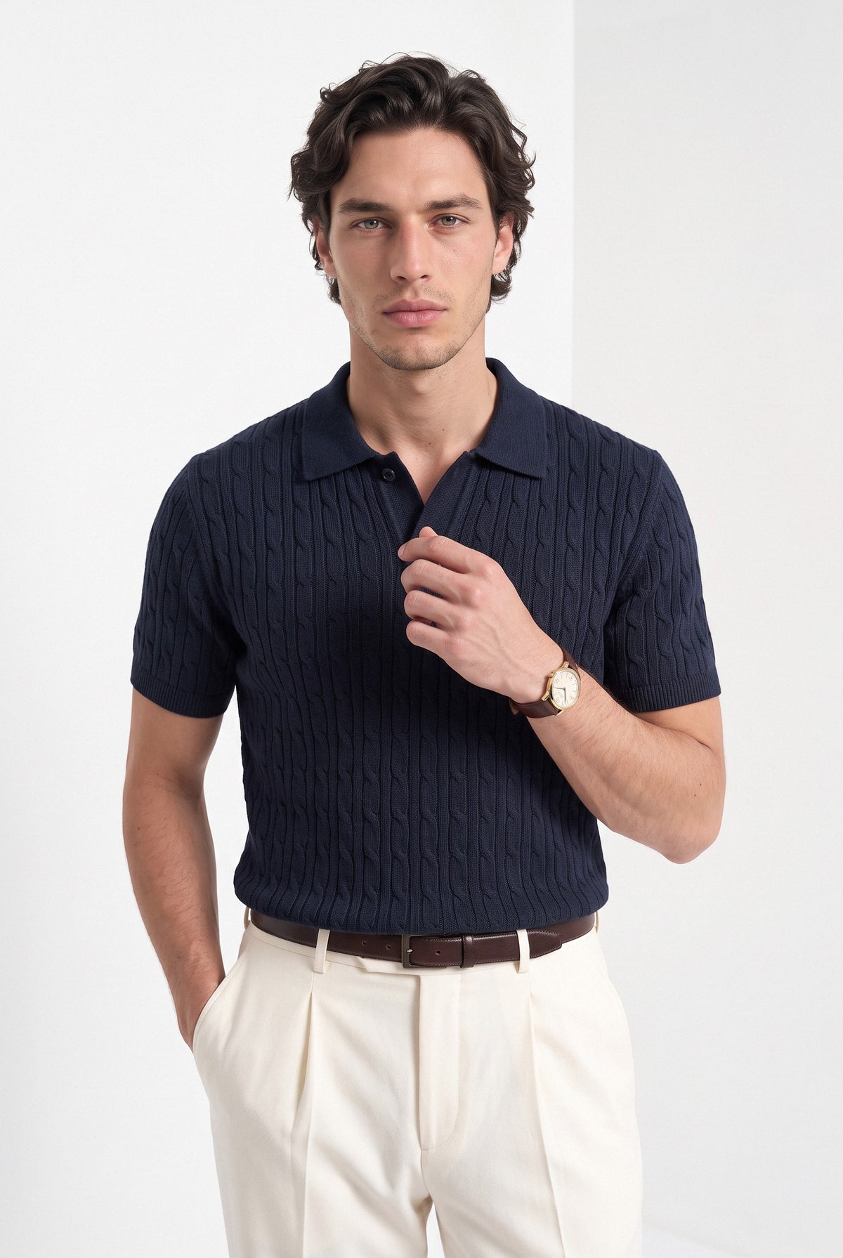 Men's cashmere knitted polo shirt in navy, front portrait