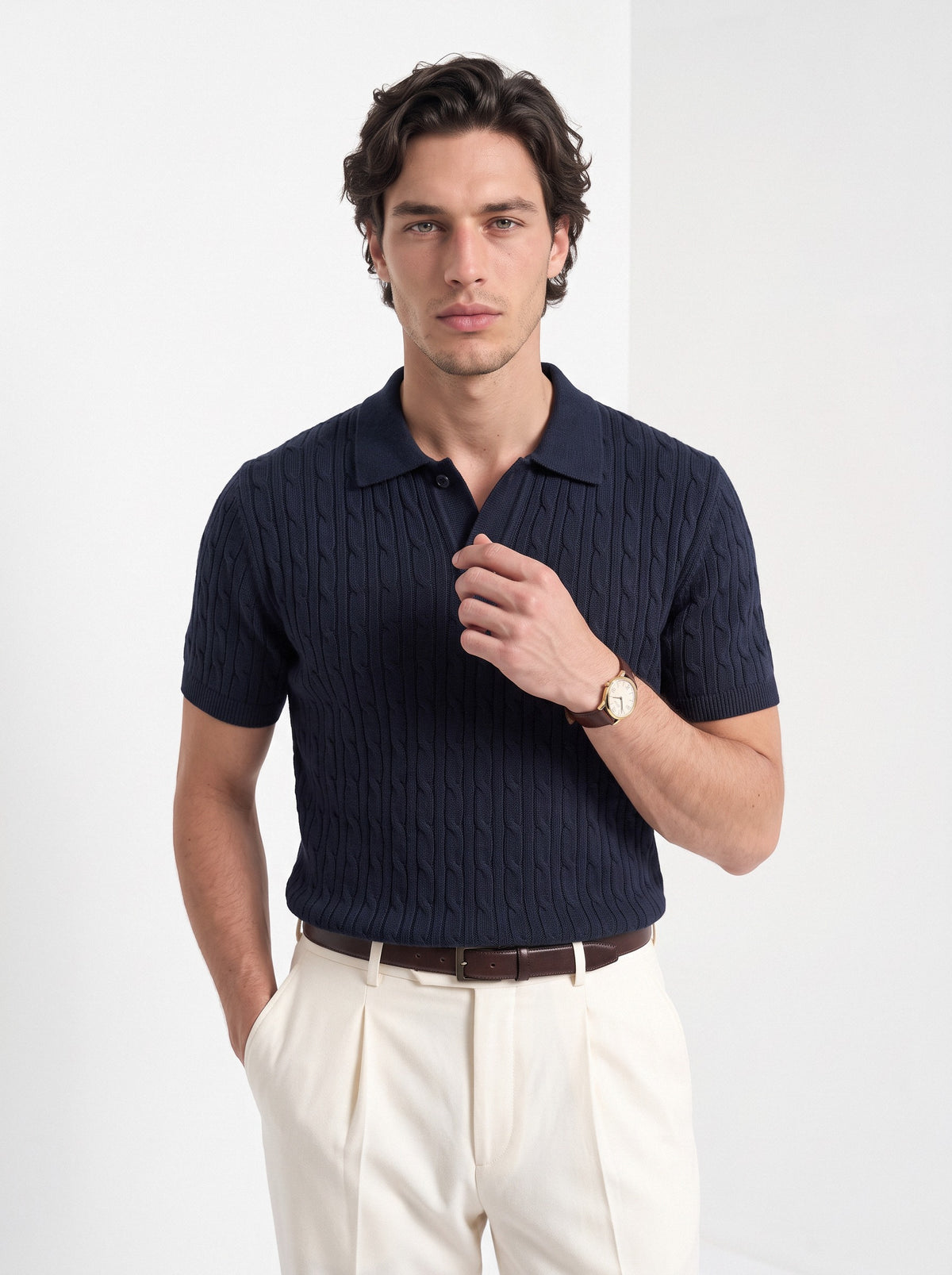 Men's cashmere knitted polo shirt in navy, front portrait