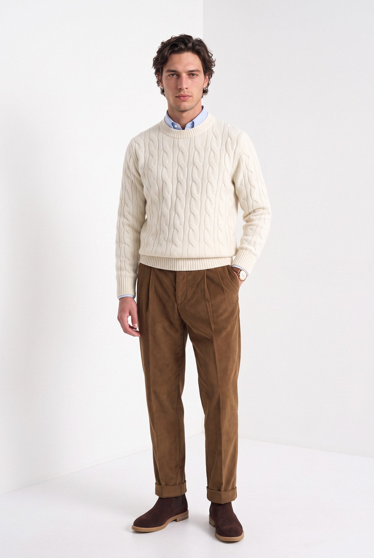 Men's wool cashmere cable knit sweater in cream, full-length