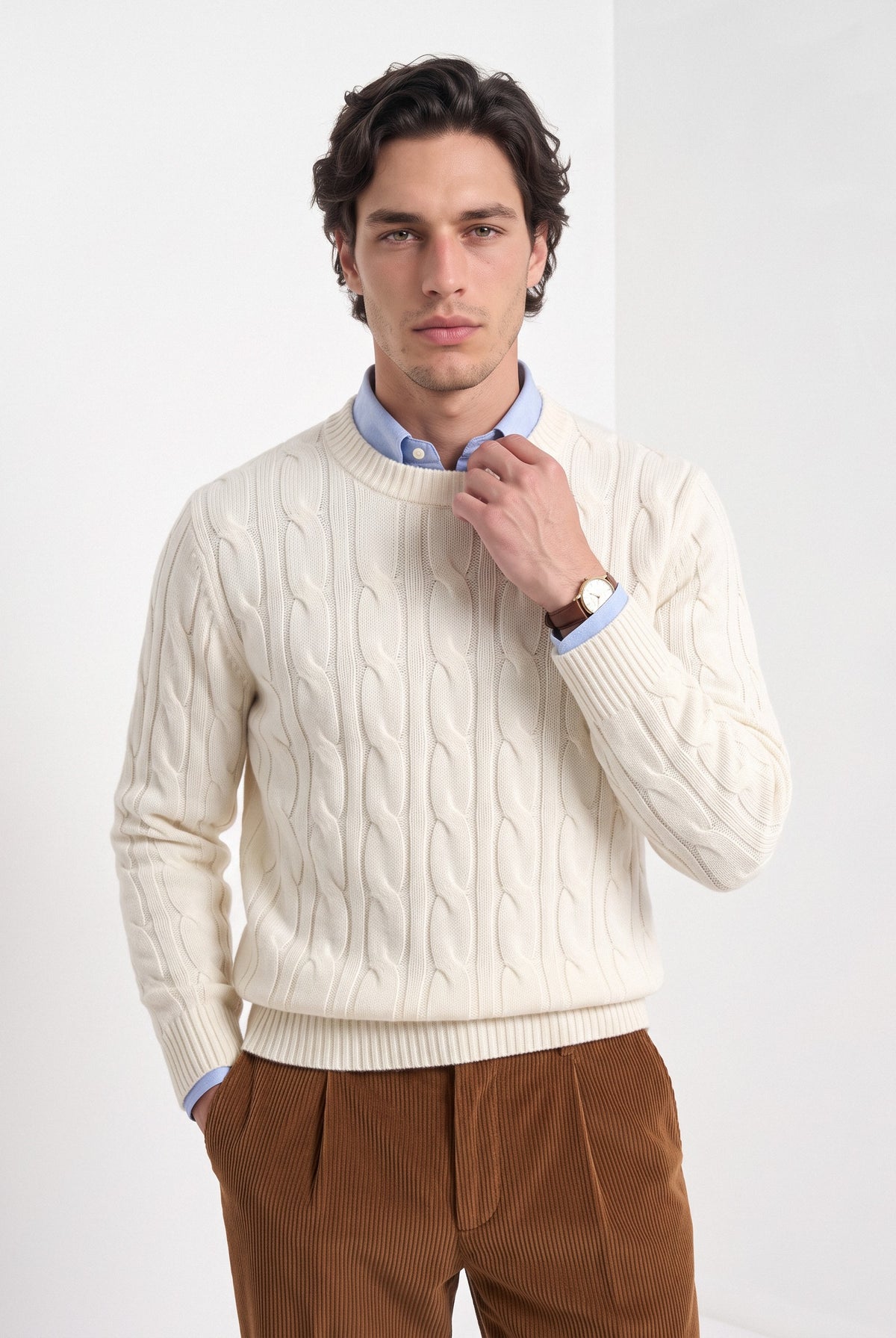 Men's wool cashmere cable knit sweater in cream, front portrait