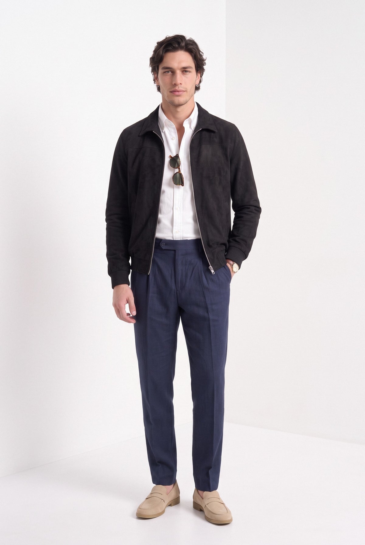 BLENIN men's suede-look harrington jacket in black, full-length look