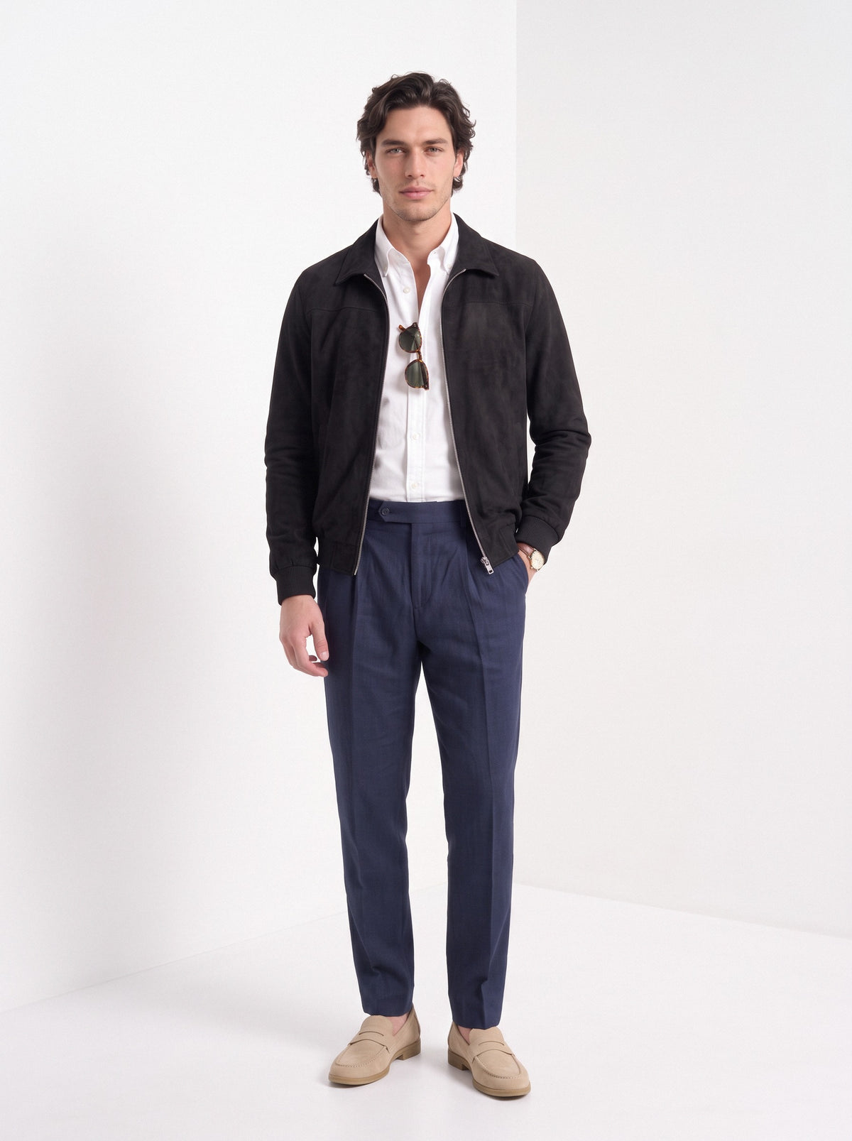 BLENIN men's suede-look harrington jacket in black, full-length look