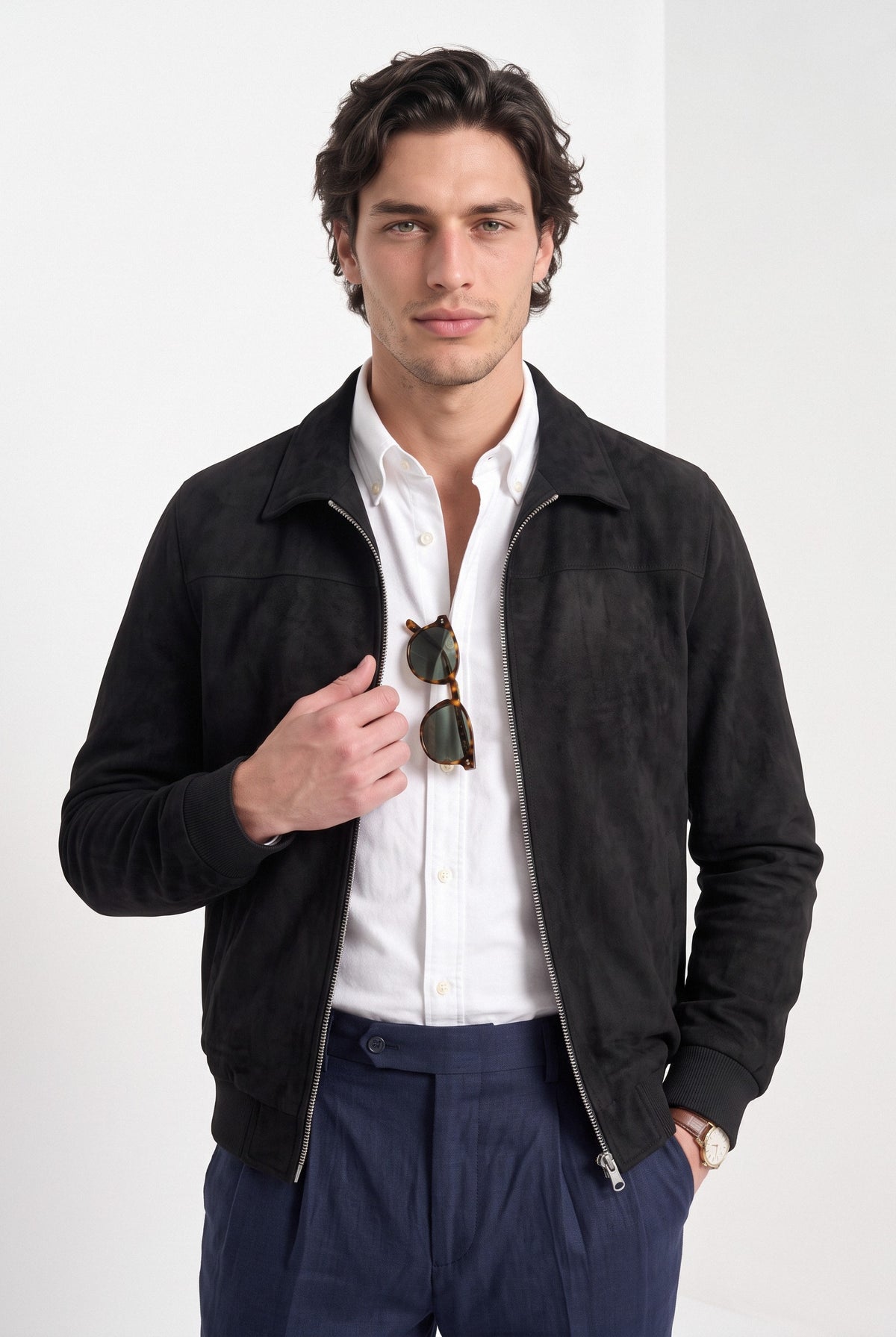 BLENIN men's suede-look harrington jacket in black, front portrait