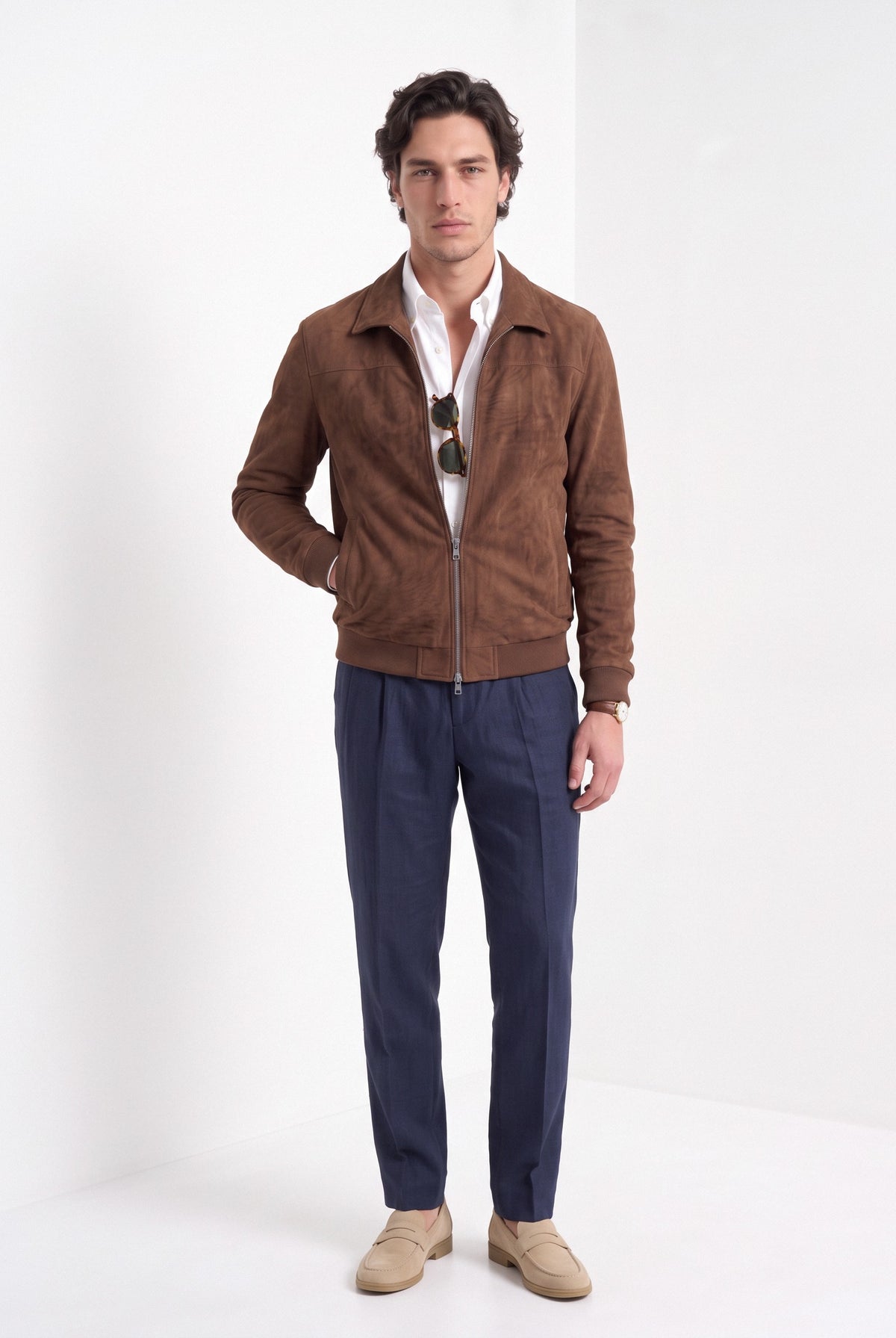 BLENIN men's suede-look harrington jacket in brown, full-length look