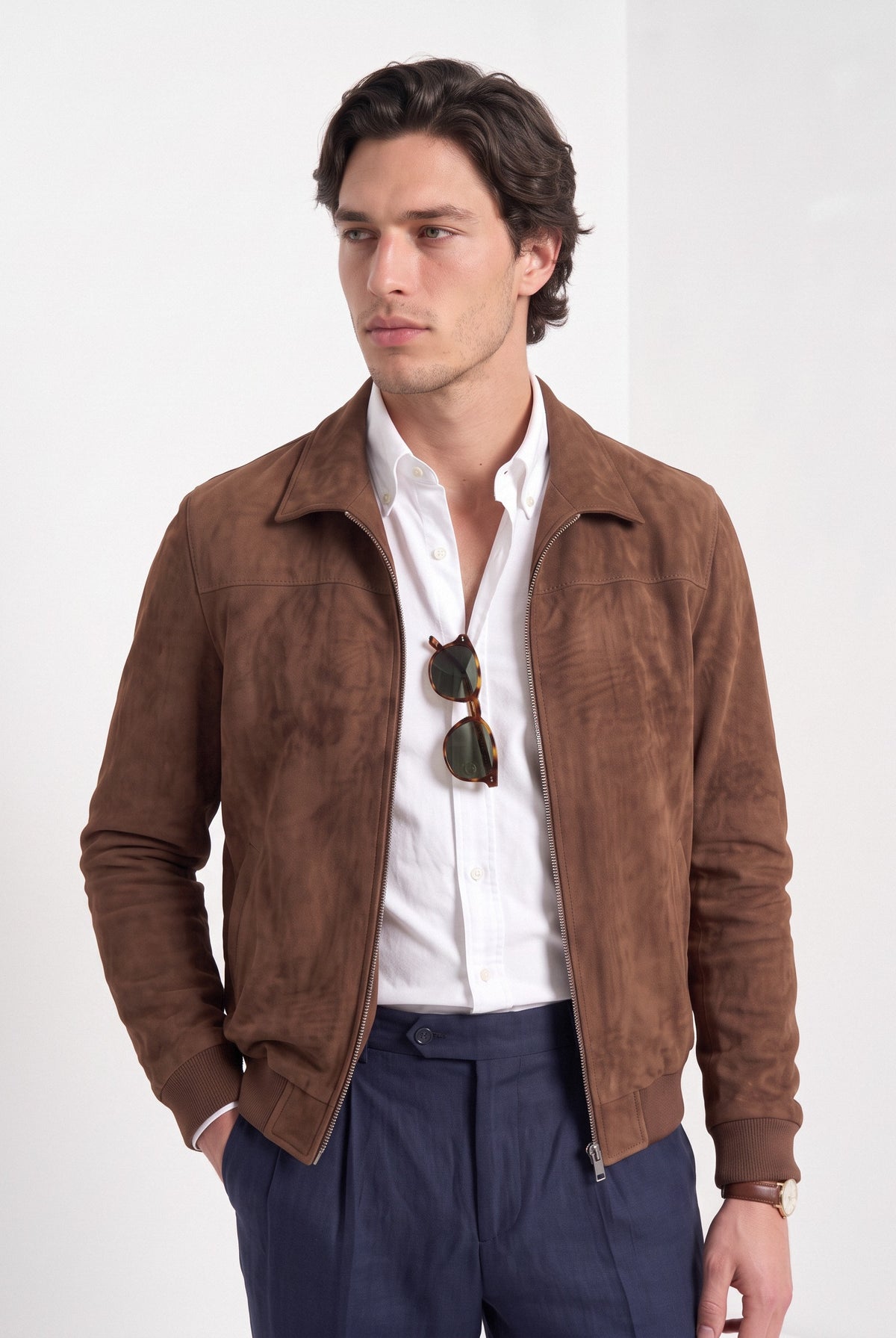 BLENIN men's suede-look harrington jacket in brown, upper body