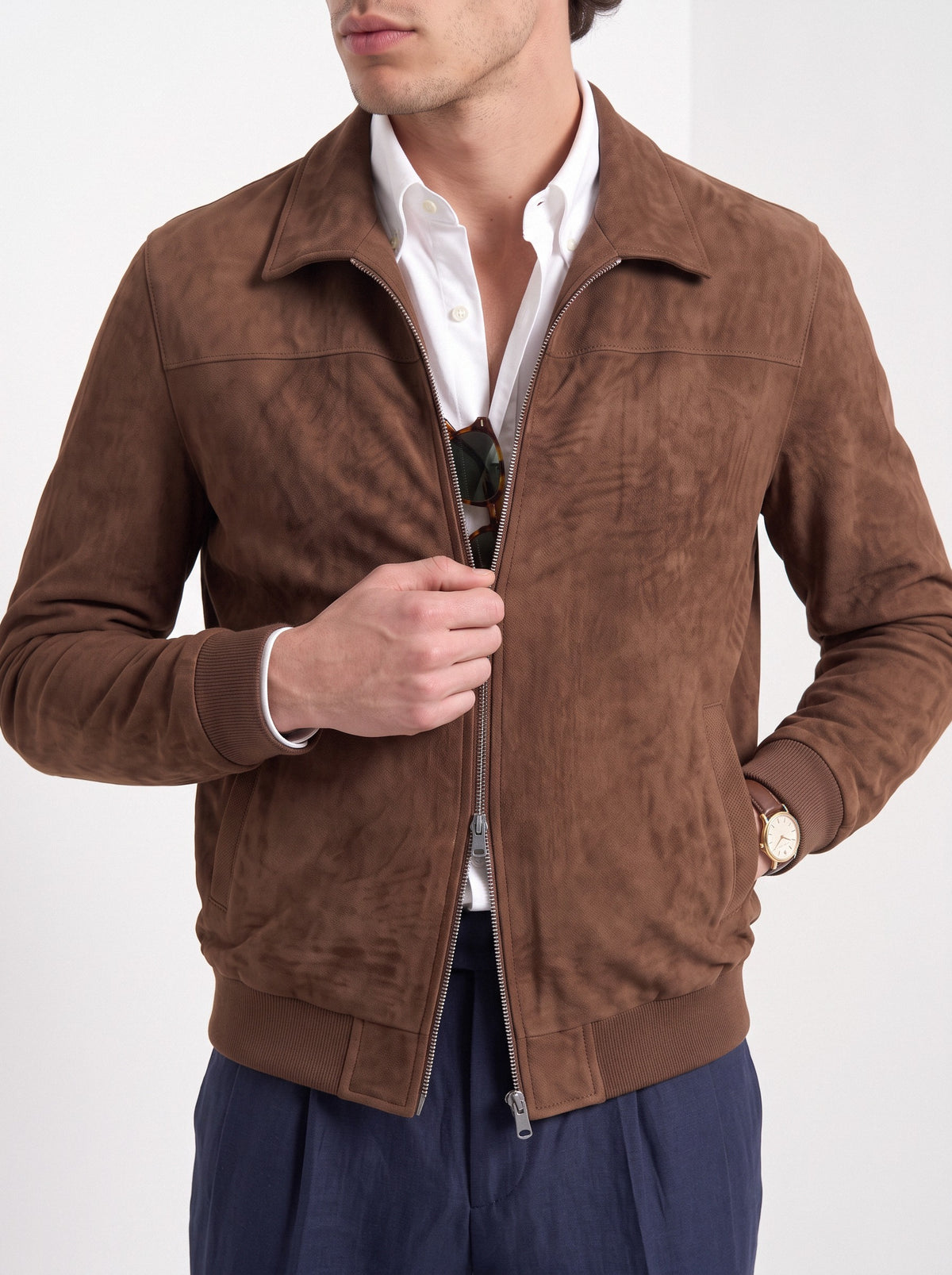 BLENIN men's suede-look harrington jacket in brown, close-up of the details