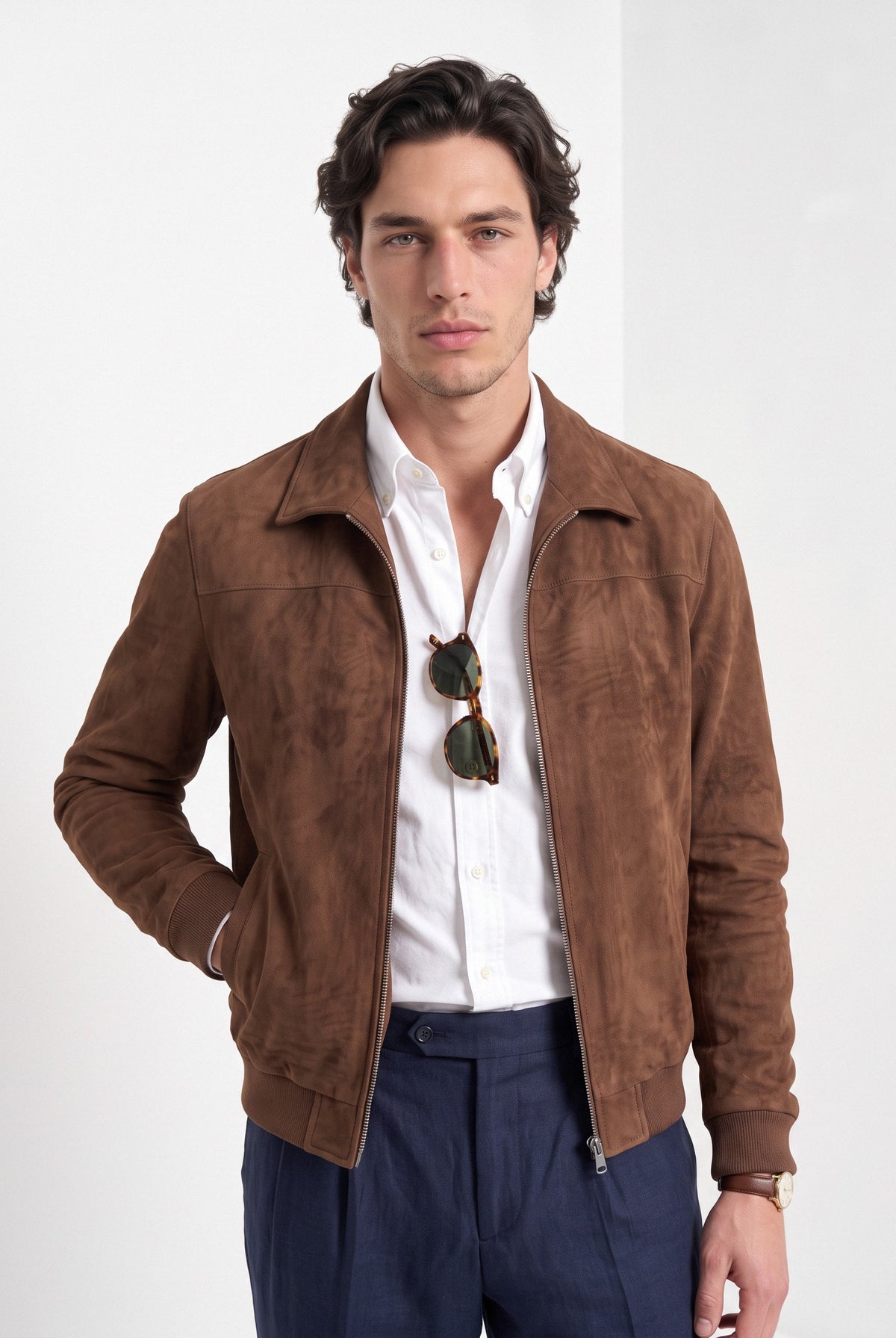 BLENIN men's suede-look harrington jacket in brown, front portrait