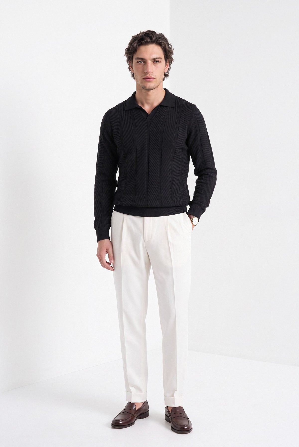 Men's long sleeve textured knitted polo in black, full-length
