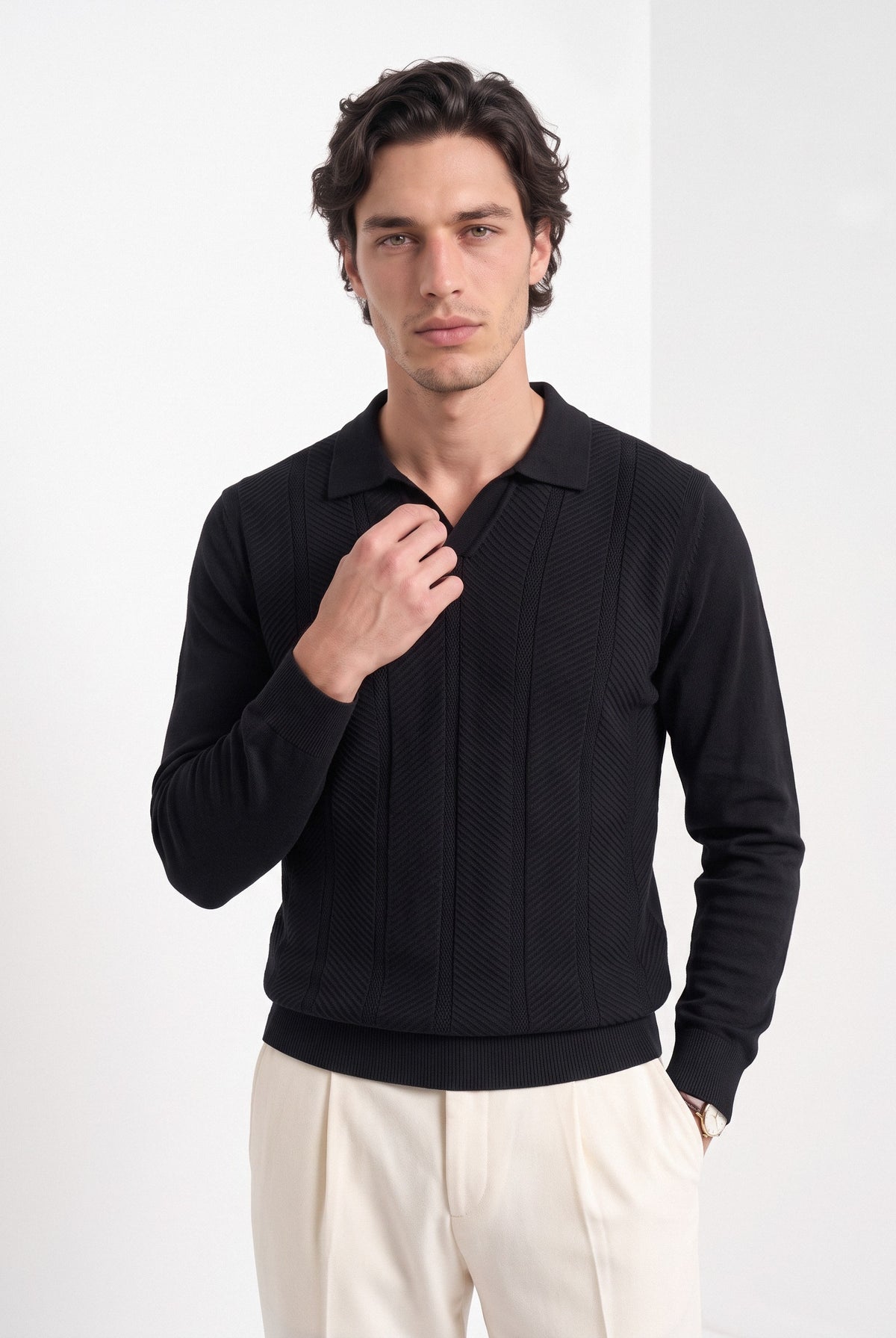 Men's long sleeve textured knitted polo in black, front portrait