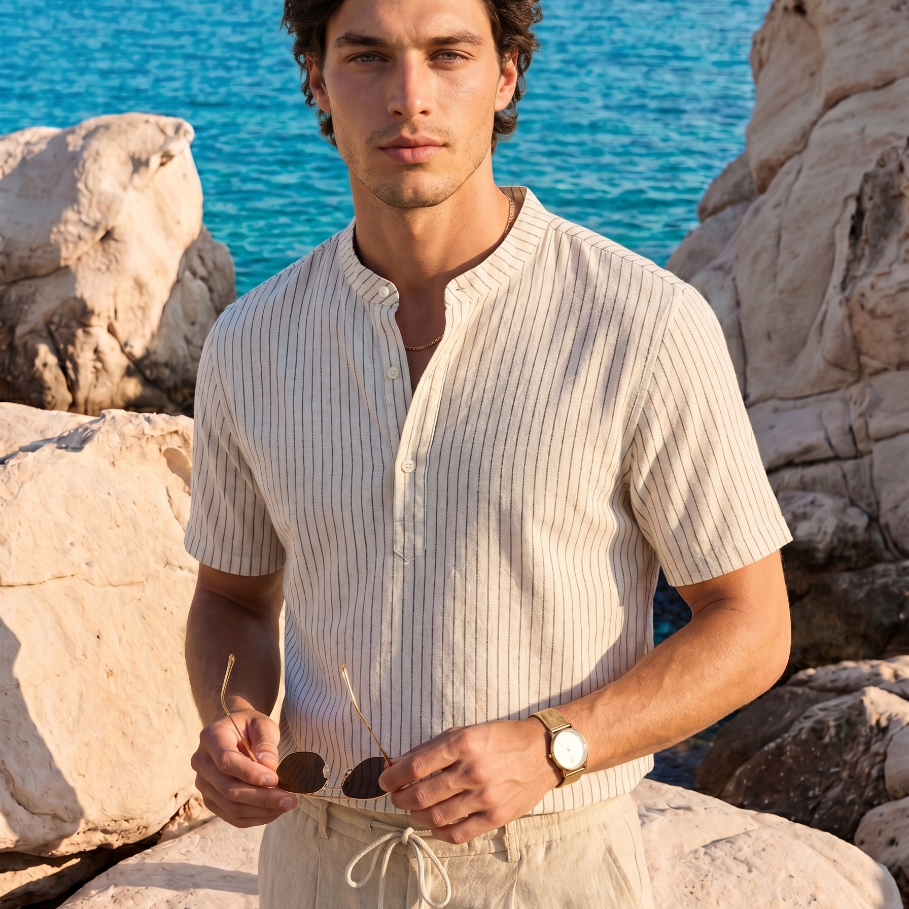 Old Money Elegant Striped Linen Henley Shirt