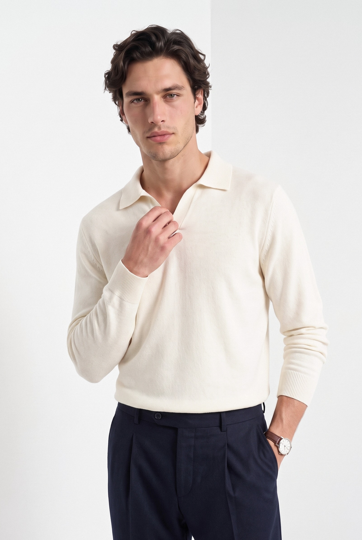 Men's cashmere long sleeve knitted polo in beige