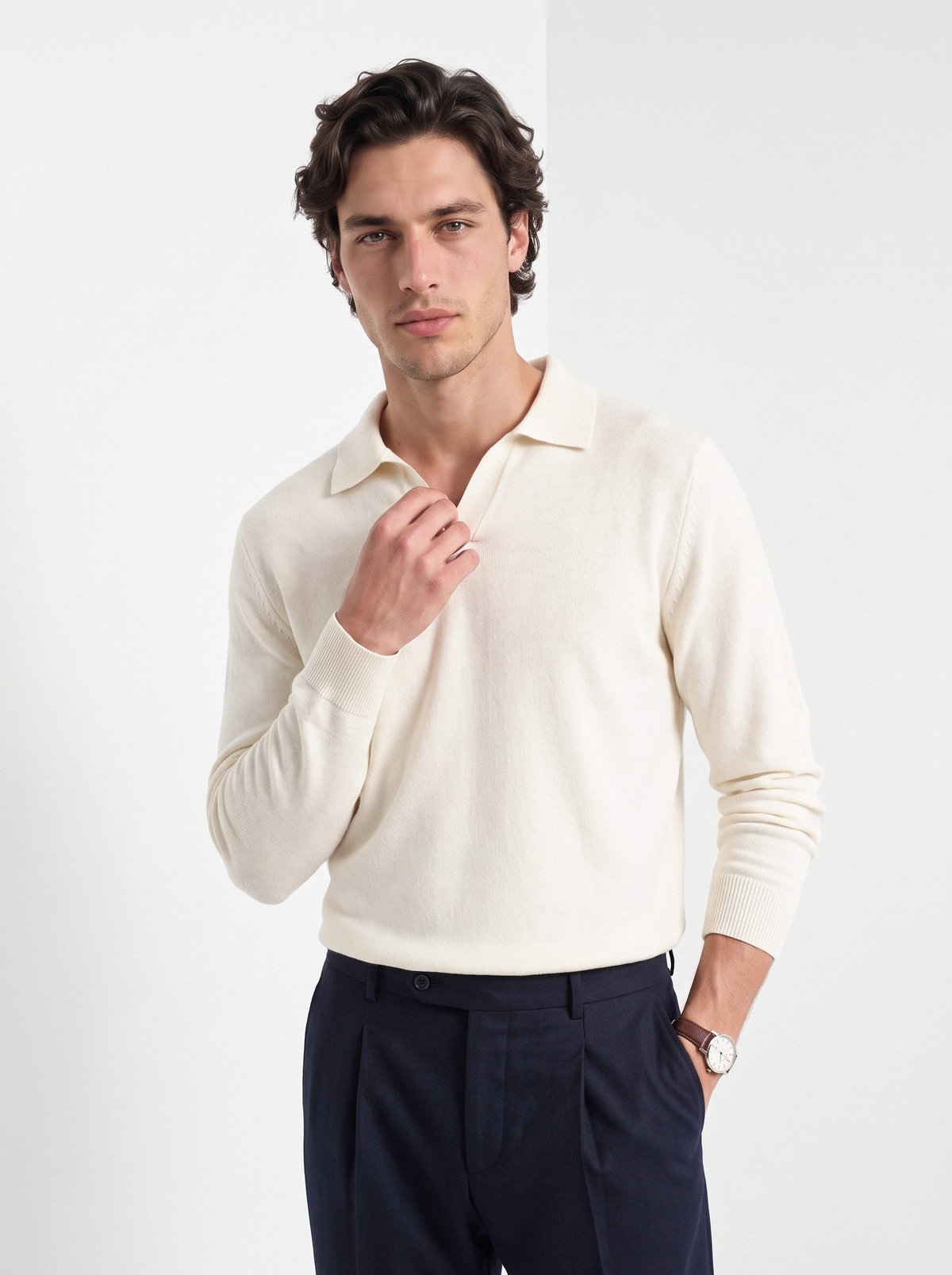 Men's cashmere long sleeve knitted polo in beige