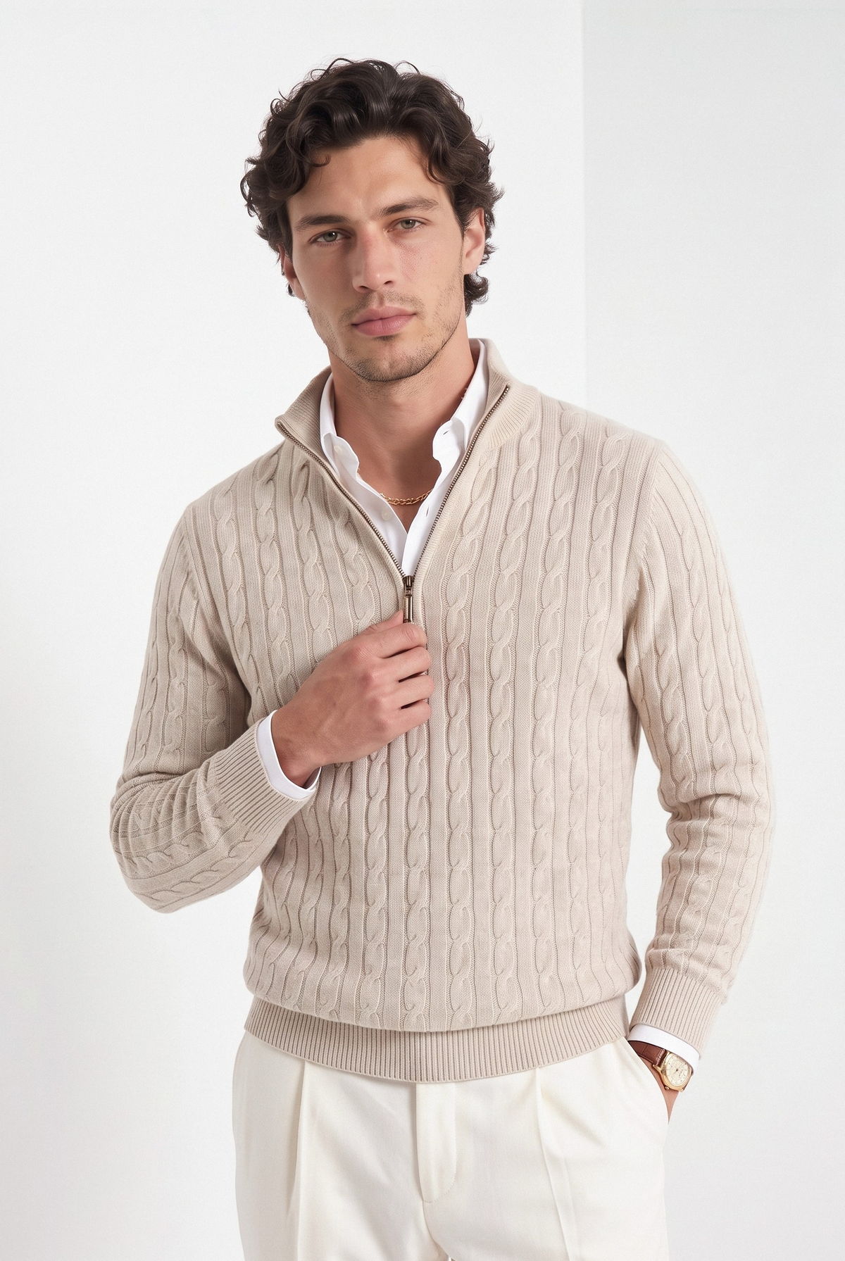 Men's cable knit crew neck sweater in beige