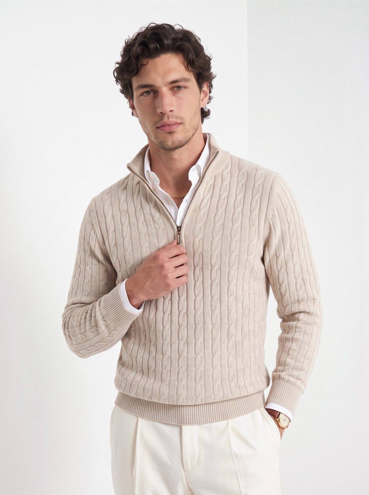 Men's cable knit crew neck sweater in beige