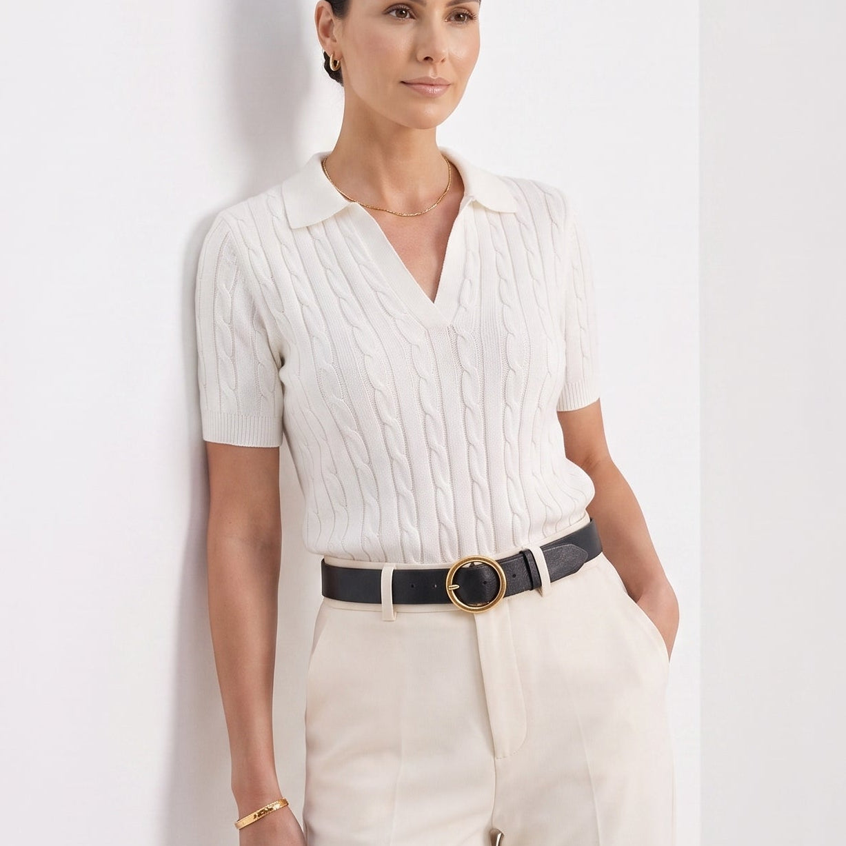 V-Neck Old Money Cable Knit Polo T-Shirt