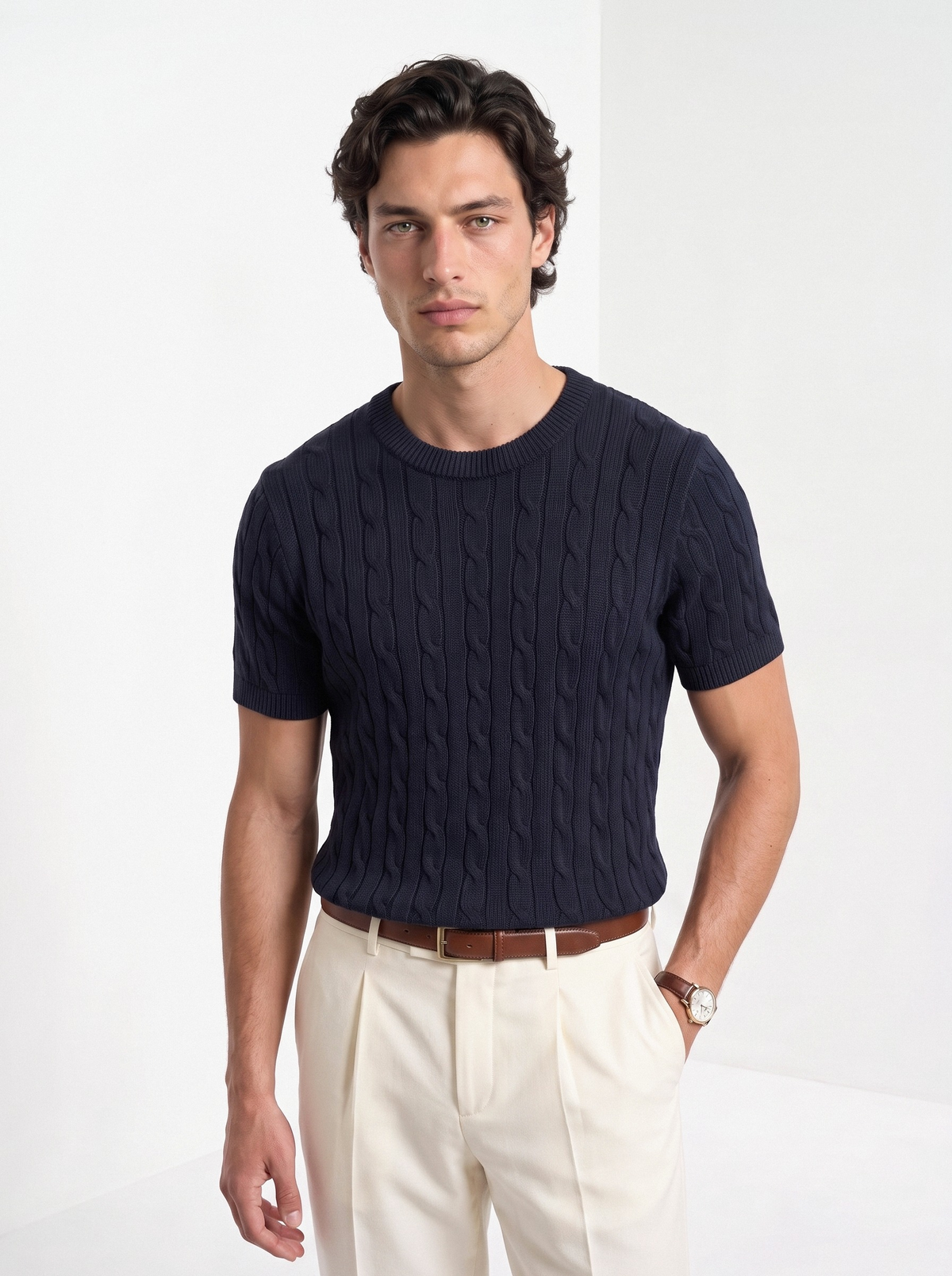 Men's cashmere cable knit T-shirt in navy