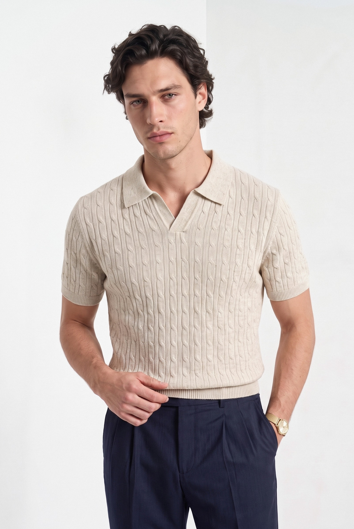 Men's cashmere knitted polo shirt in beige