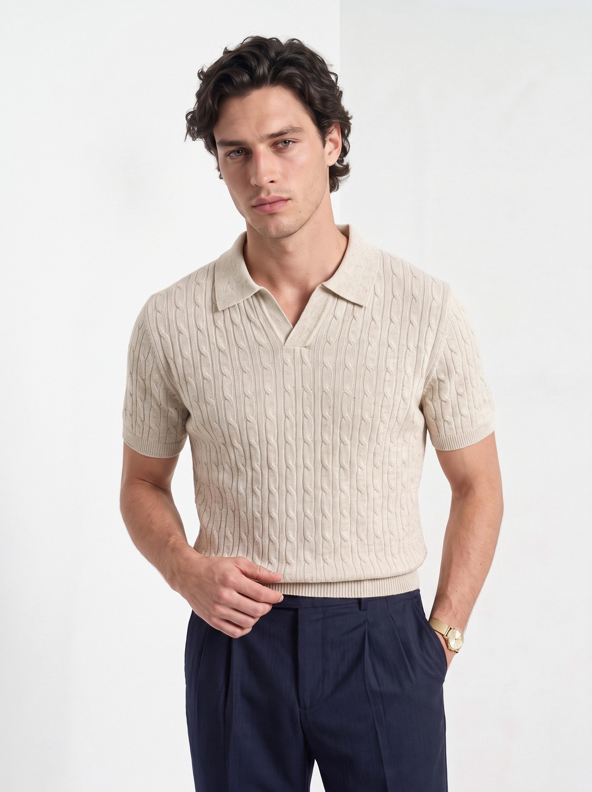 Men's cashmere knitted polo shirt in beige