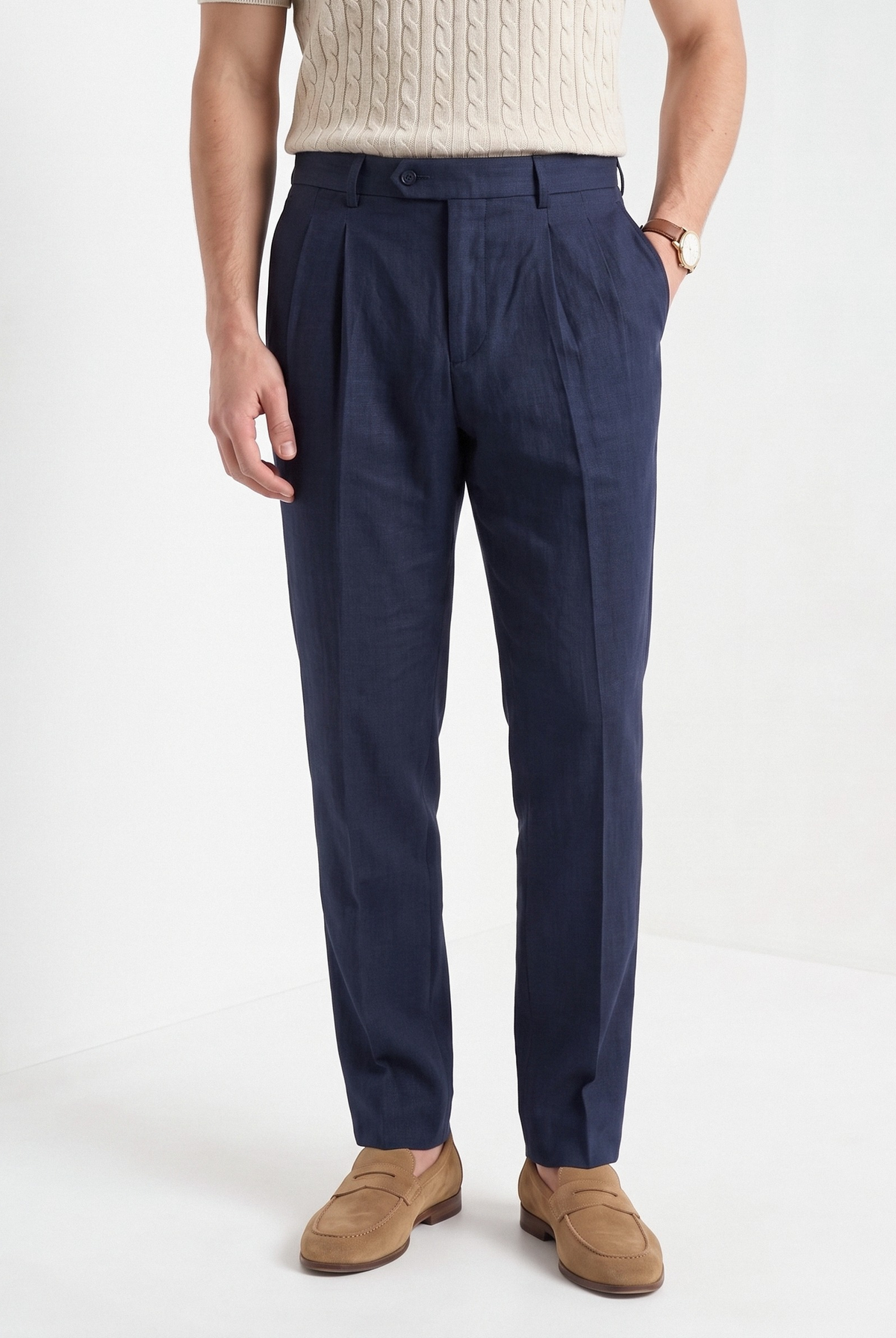 Men's pleated cotton linen trousers in navy