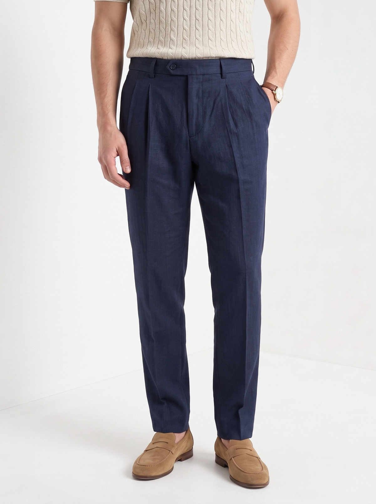 Men's pleated cotton linen trousers in navy