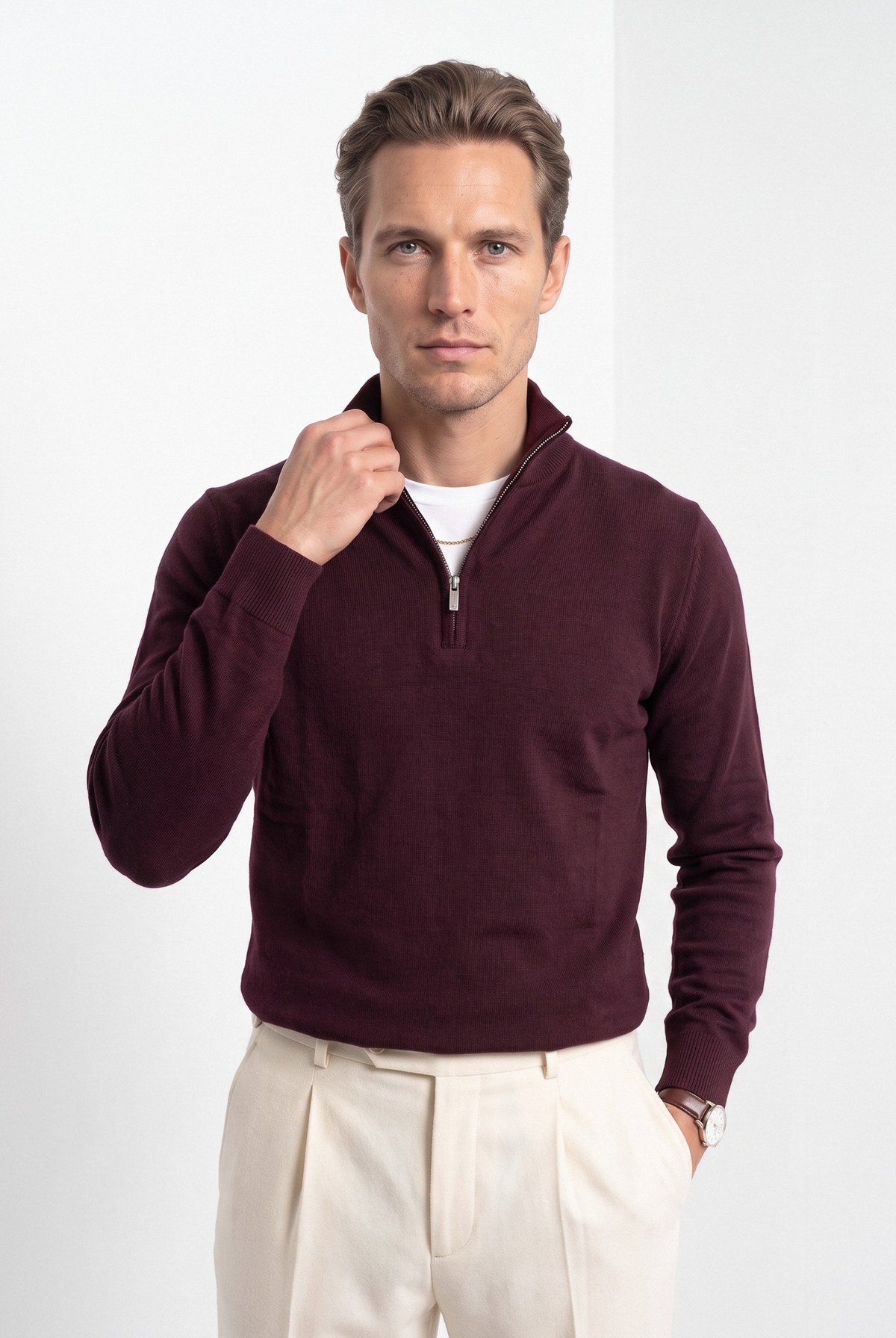 Men's quarter zip sweater in burgundy