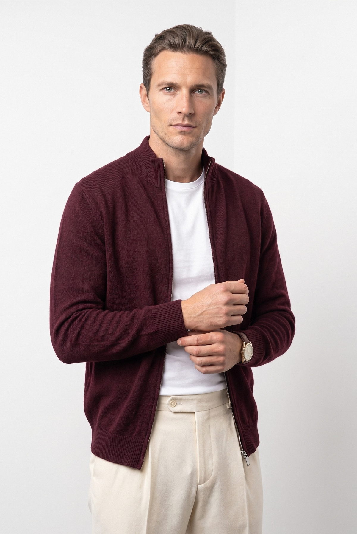 Men's wool full zip cardigan in burgundy