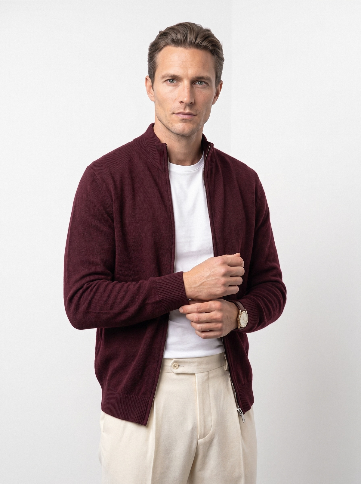 Men's wool full zip cardigan in burgundy