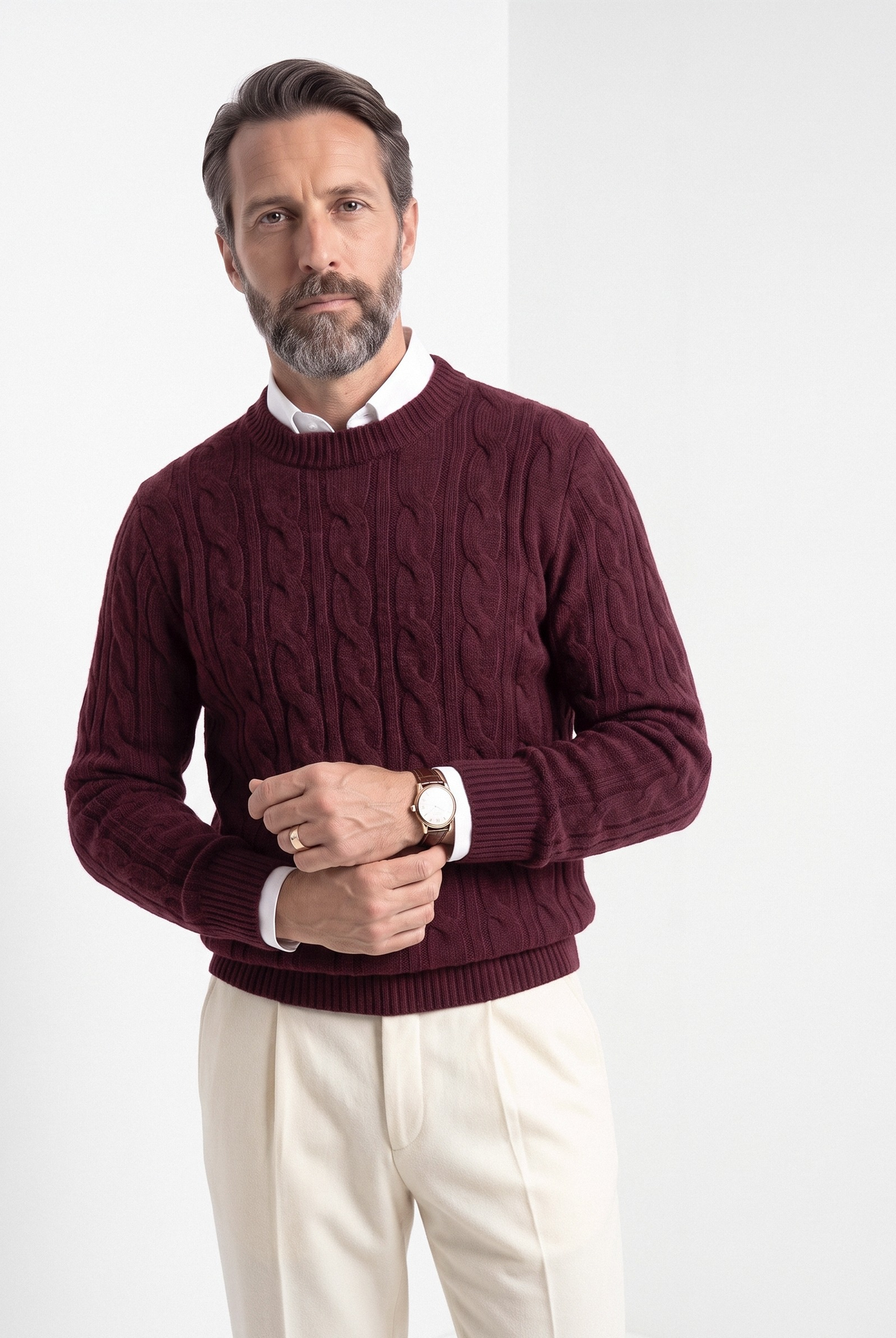 Men's wool cashmere cable knit sweater in burgundy