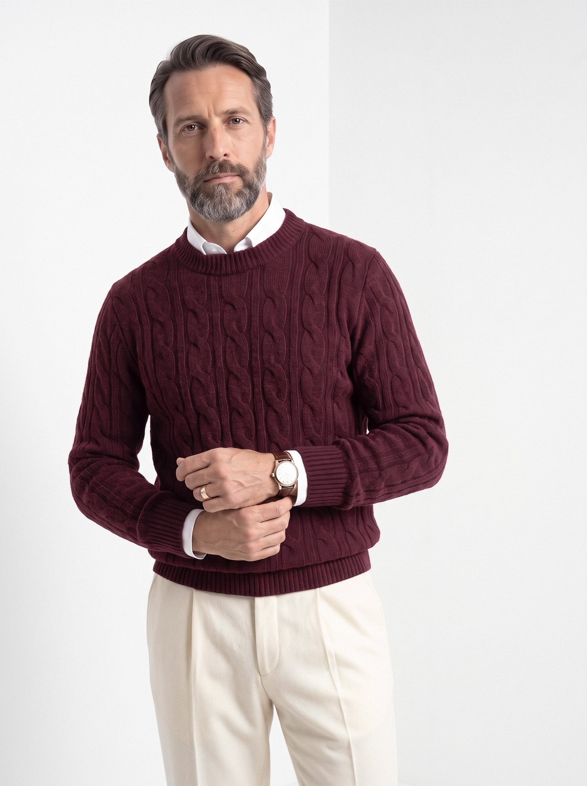 Men's wool cashmere cable knit sweater in burgundy