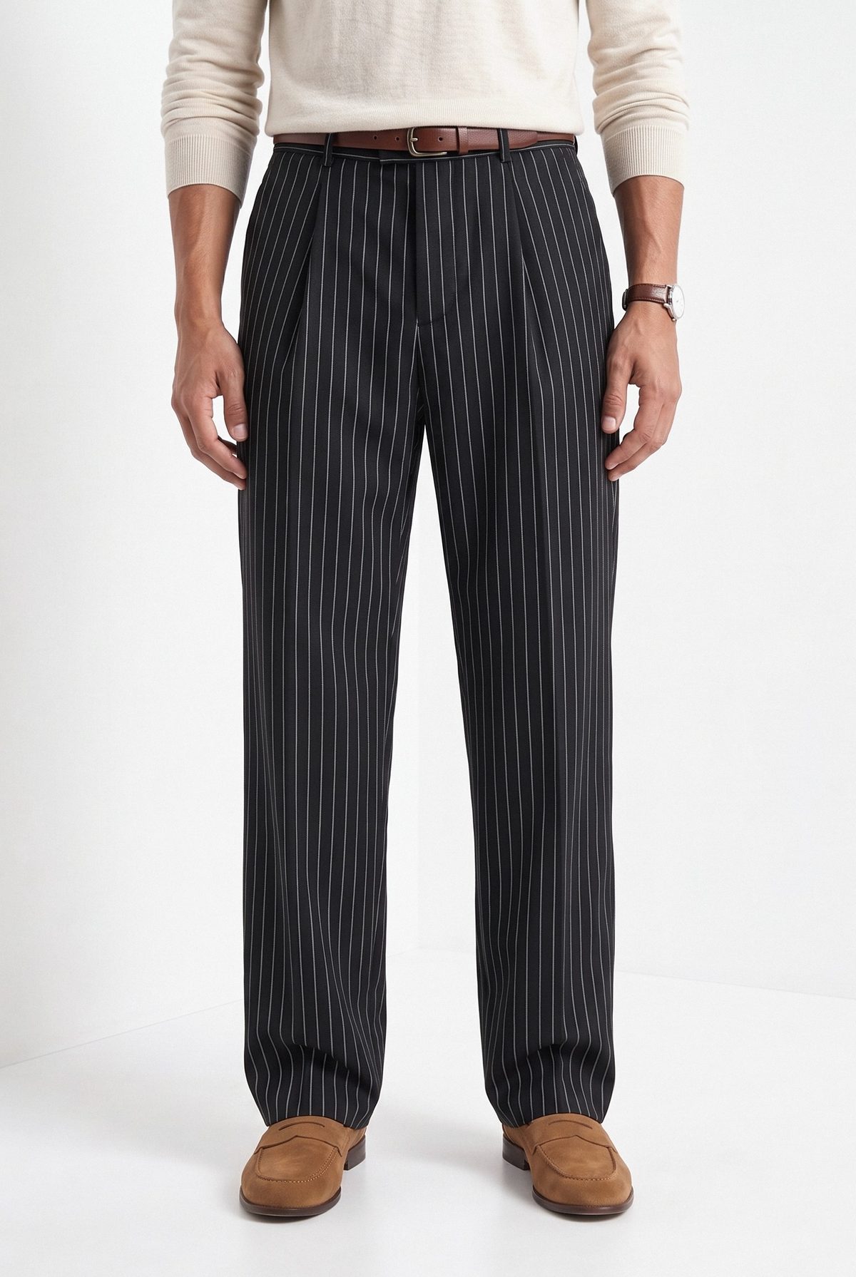Men's pinstripe wide leg trousers in black