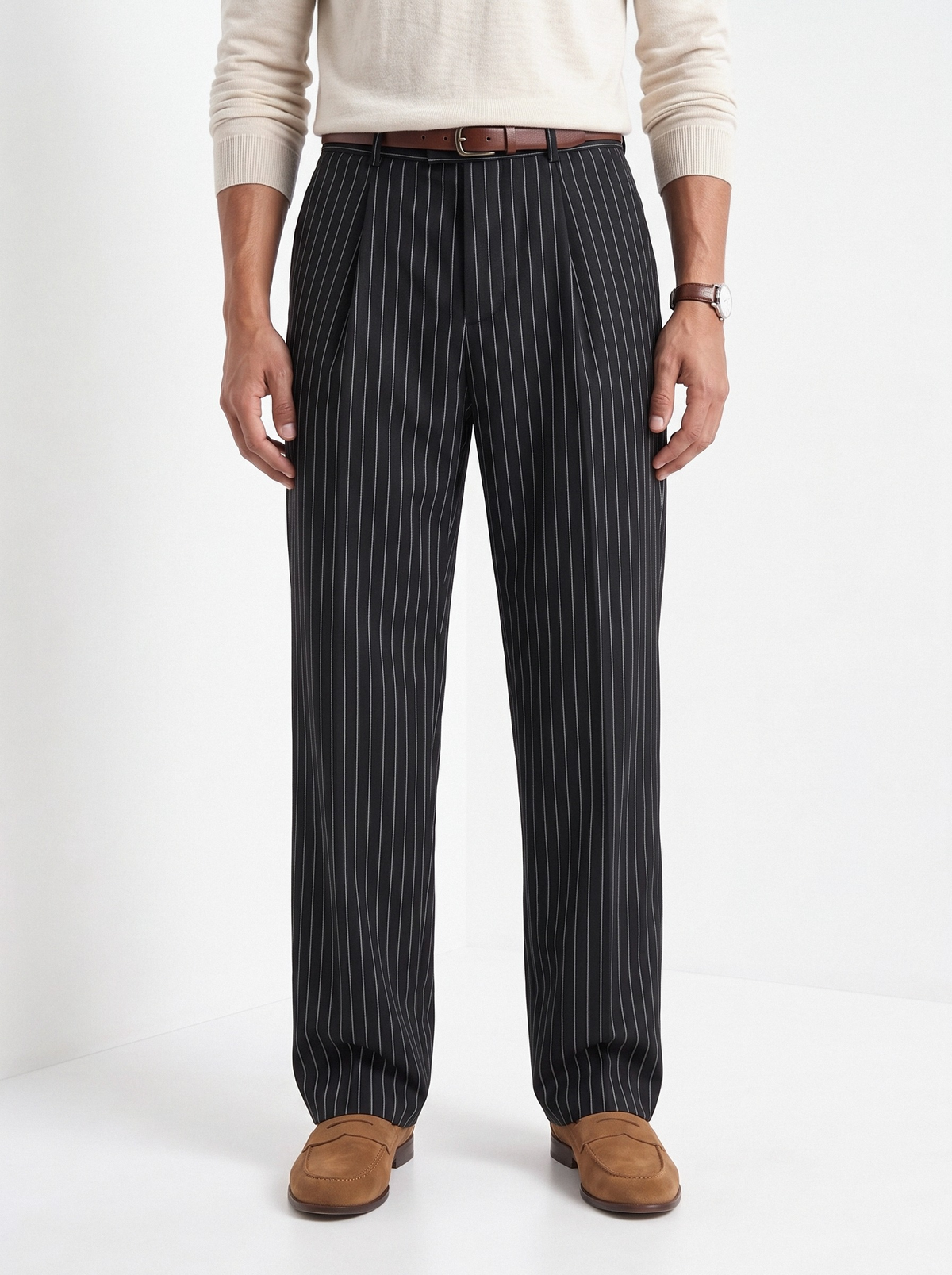 Men's pinstripe wide leg trousers in black