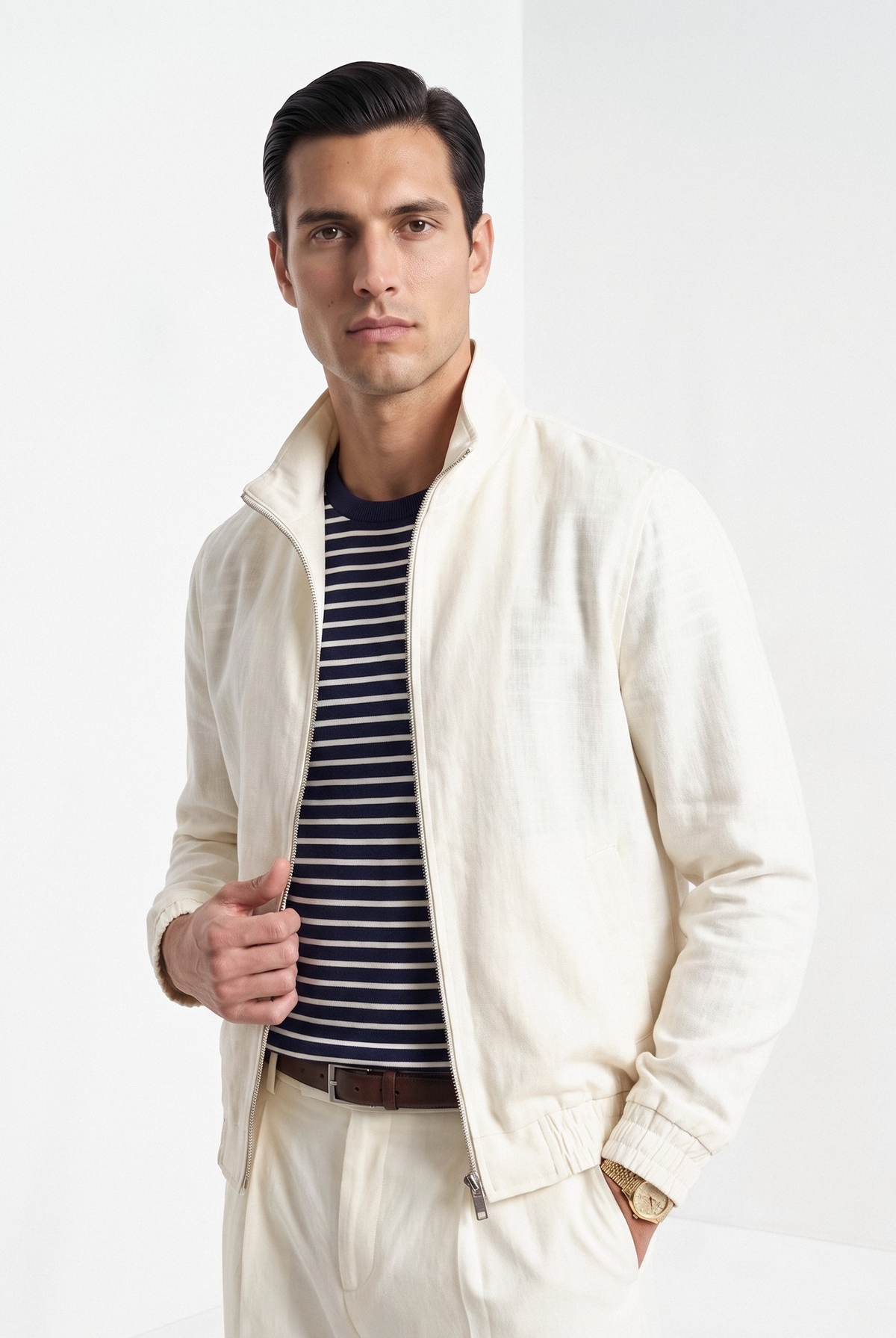 Men's linen blend zip jacket in beige