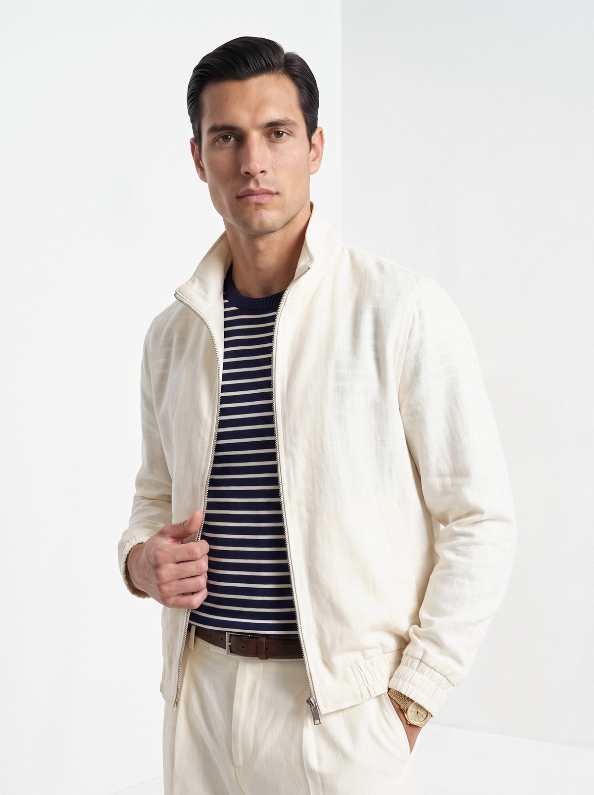 Men's linen blend zip jacket in beige