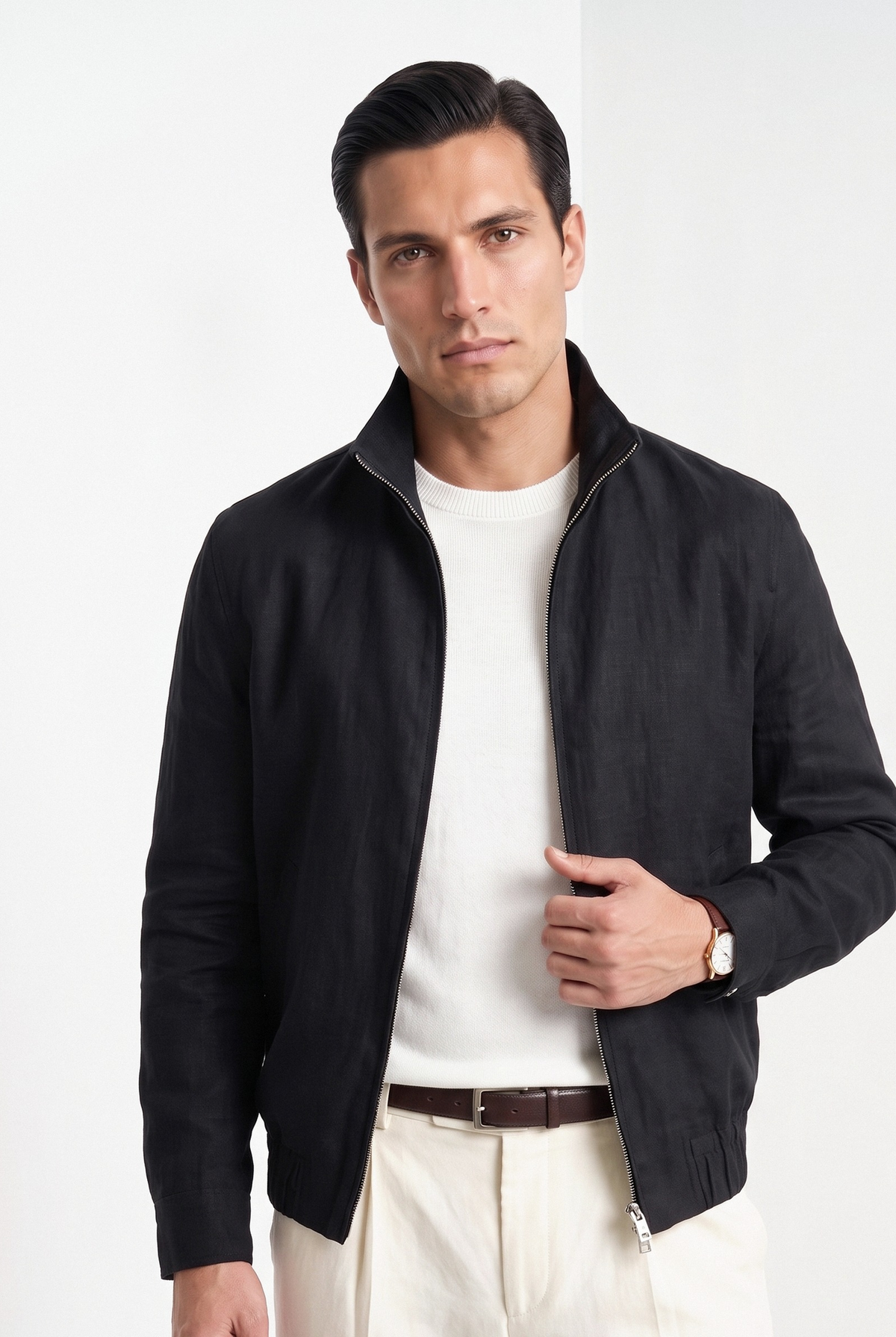 Men's linen blend zip jacket in black