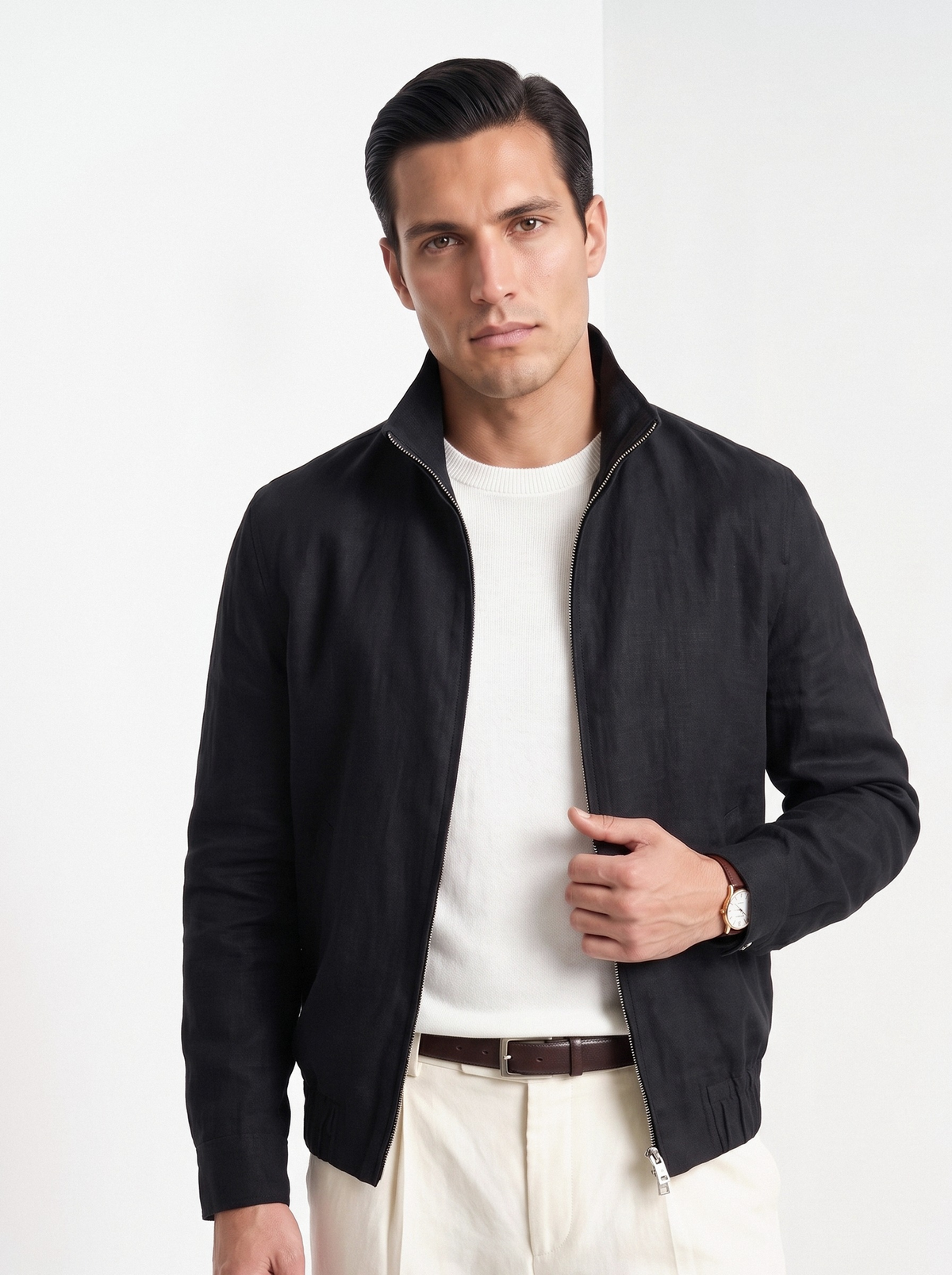 Men's linen blend zip jacket in black