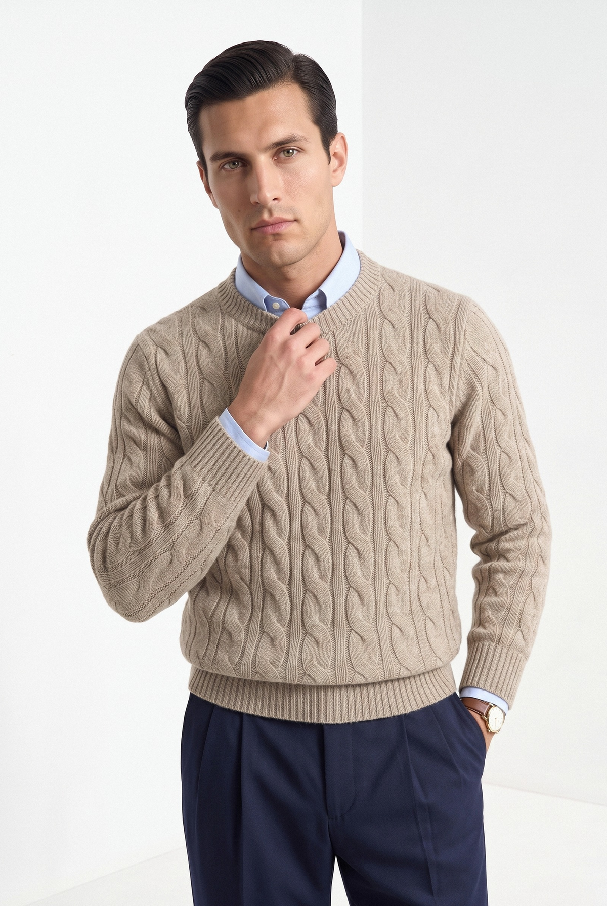 Men's wool cashmere cable knit sweater in beige